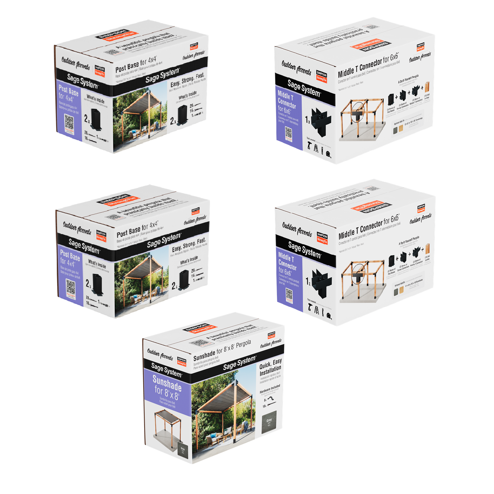 Five boxes of a Simpson DIY Sage Pergola Kit System on a white background