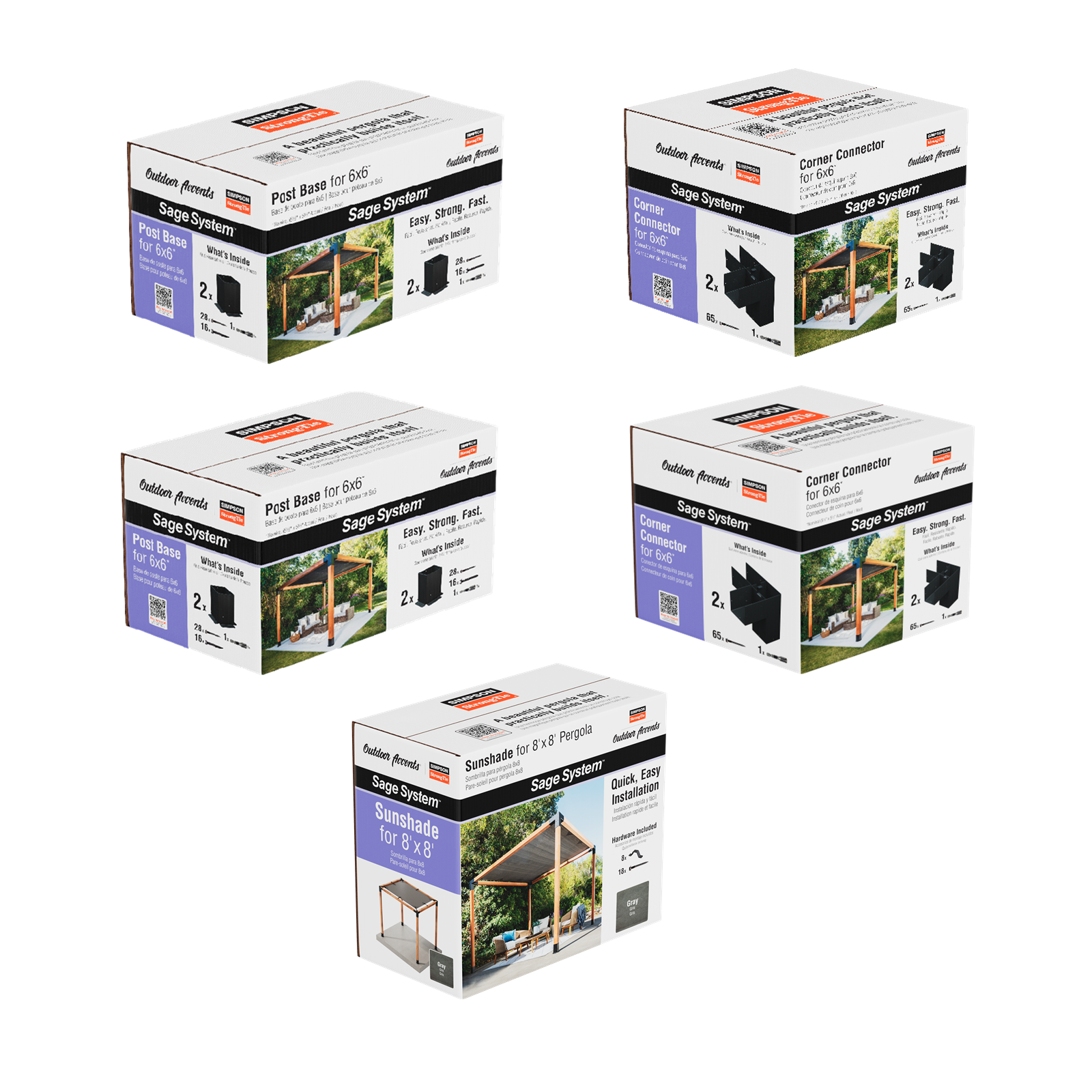 Five boxes of a Simpson DIY Sage Pergola Kit System on a white background