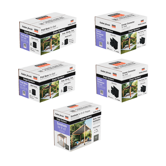 Five boxes of a Simpson DIY Sage Pergola Kit System on a white background