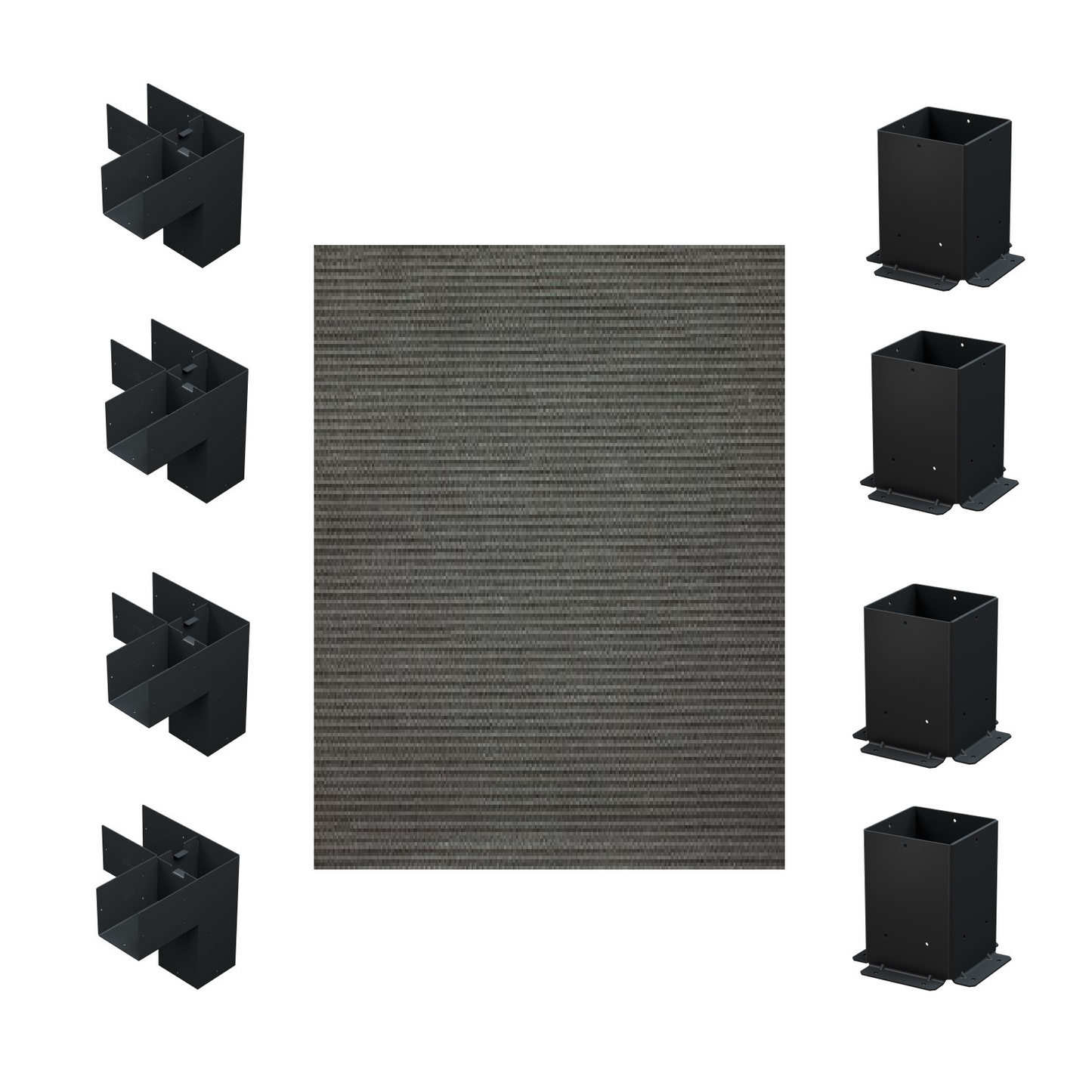 Black metal brackets and a gray mat from the Simpson DIY Sage Pergola Kit on a white background