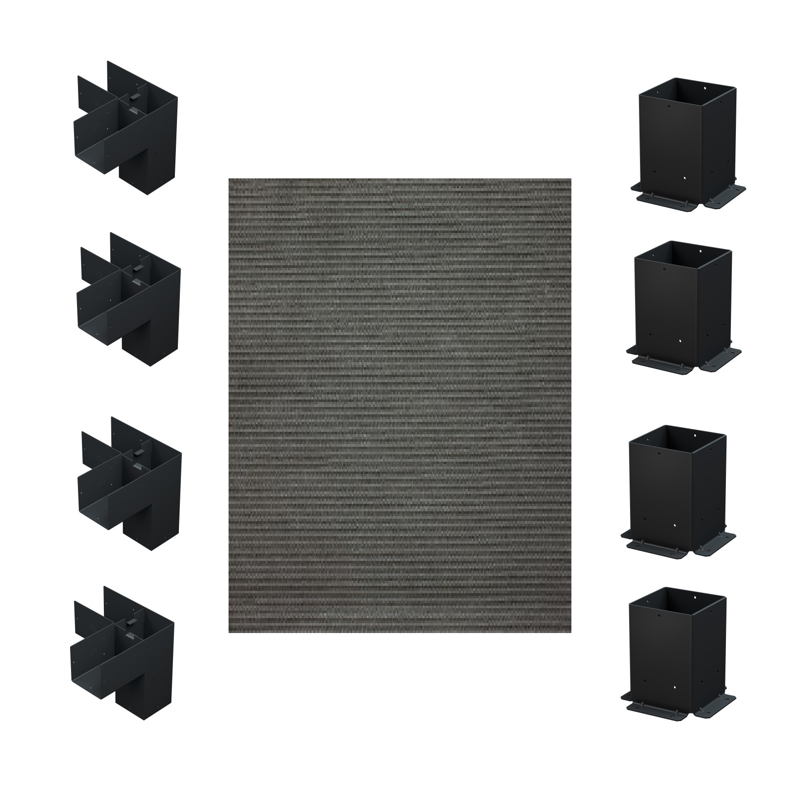 Black metal brackets and a gray mat from the Simpson DIY Sage Pergola Kit on a white background