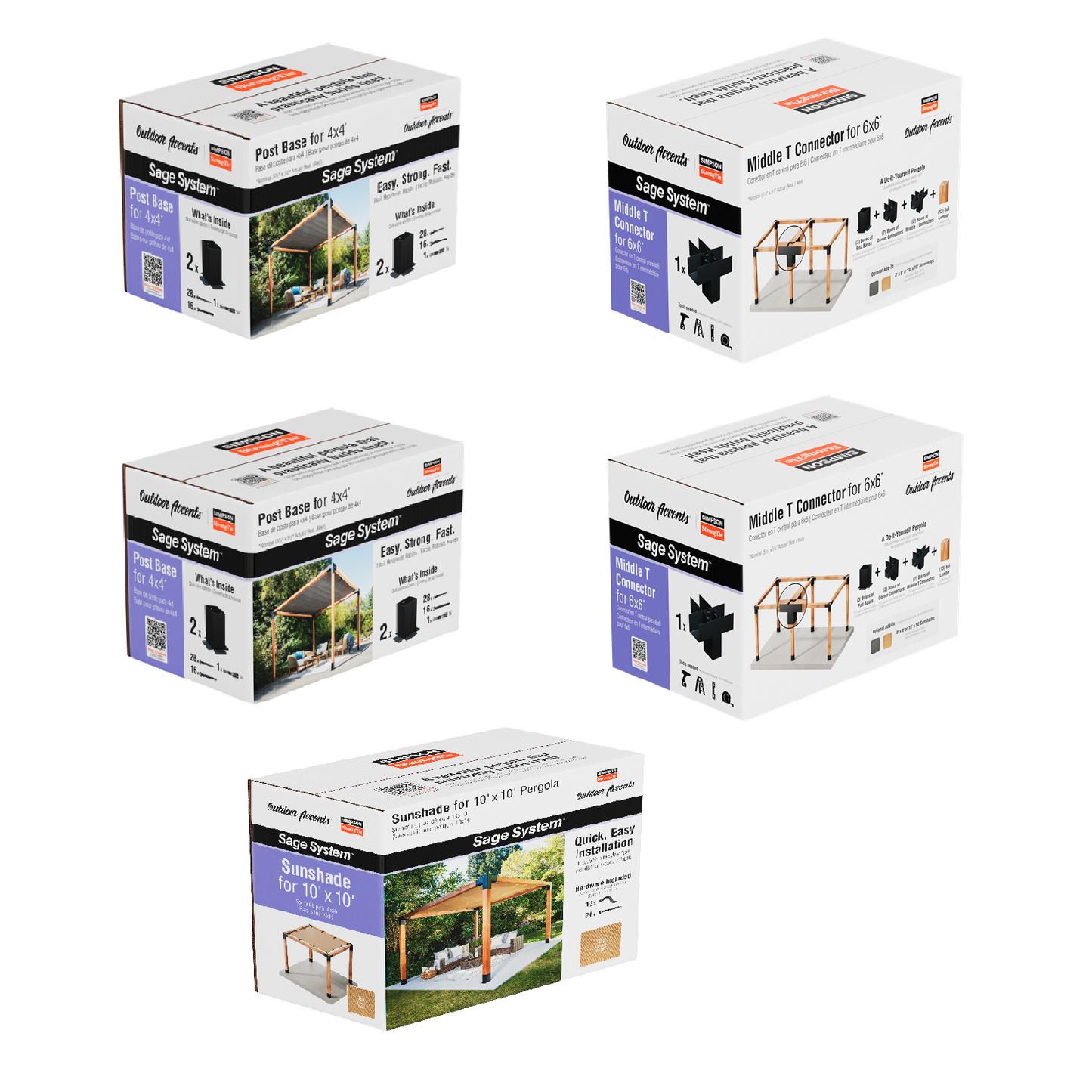 Five boxes of a Simpson DIY Sage Pergola Kit System on a white background