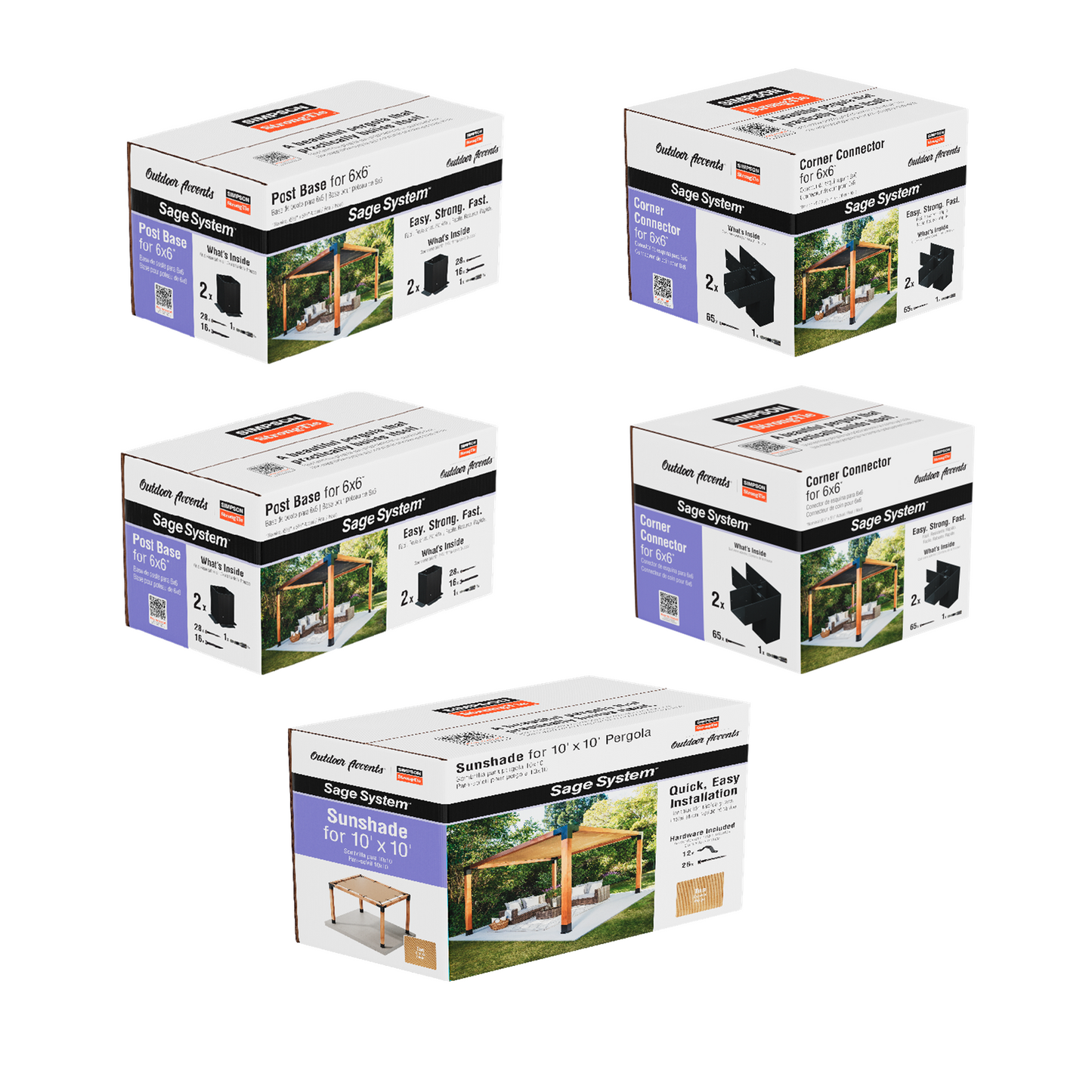 Five boxes of a Simpson DIY Sage Pergola Kit System on a white background