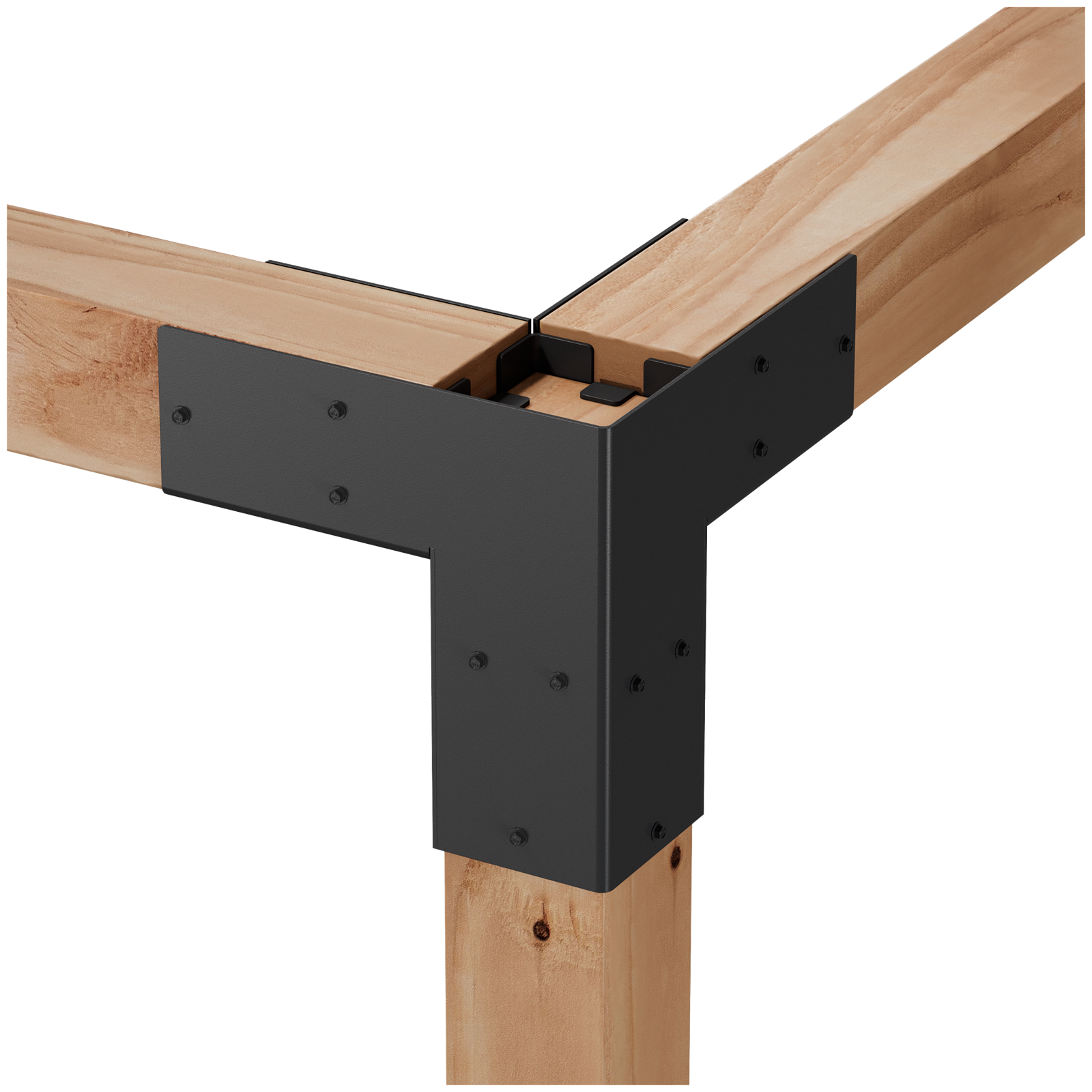 Wooden beams with a black metal connector on a white background
