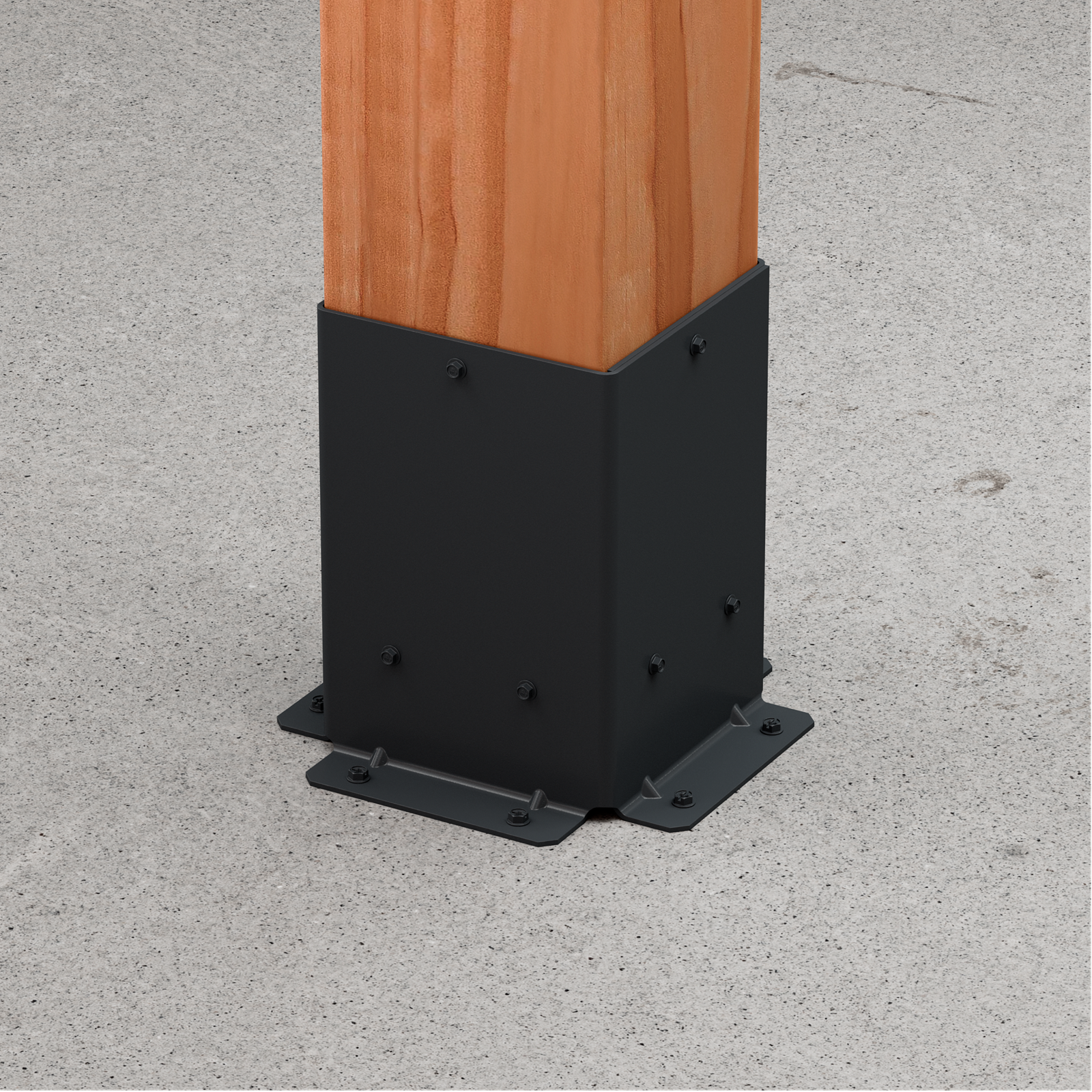 Wooden post with a Simpson Sage Pergola Post Base in black metal on a concrete surface