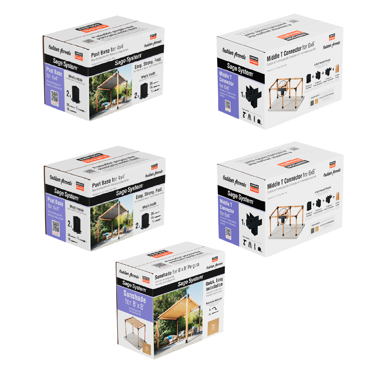 Five boxes of a Simpson DIY Sage Pergola Kit System on a white background