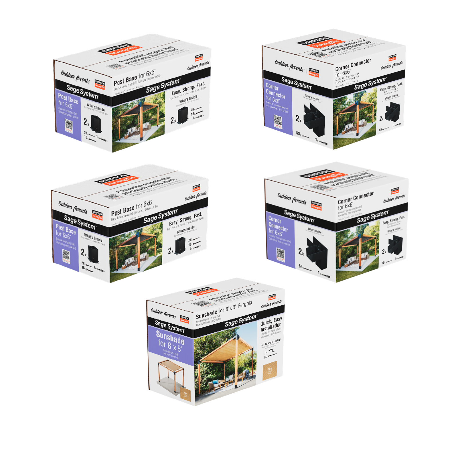 Five boxes of a Simpson DIY Sage Pergola Kit System on a white background