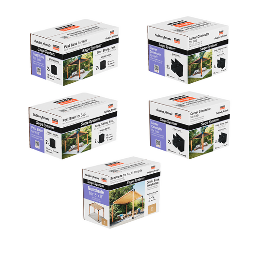 Five boxes of a Simpson DIY Sage Pergola Kit System on a white background