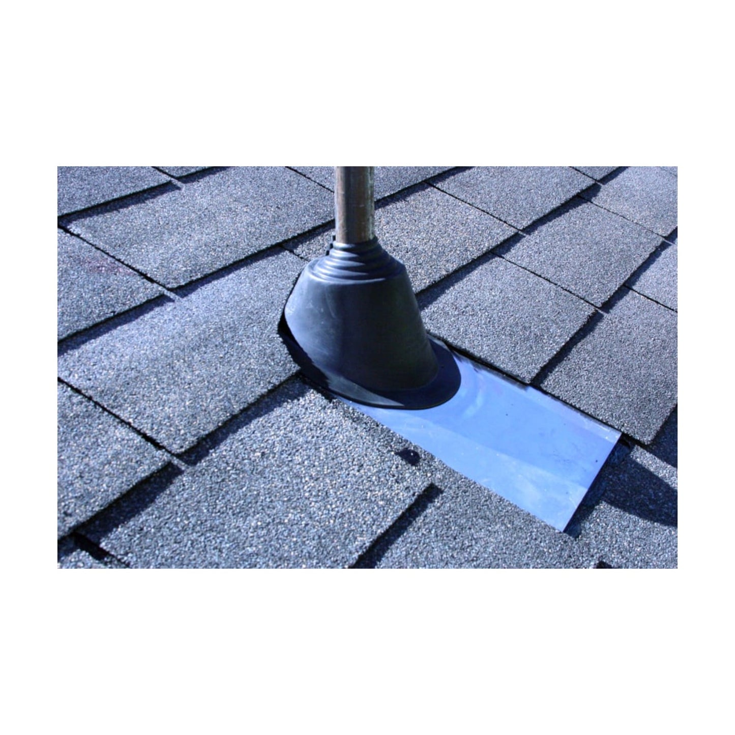 black epdm shingle roof boot installed around metal pipe