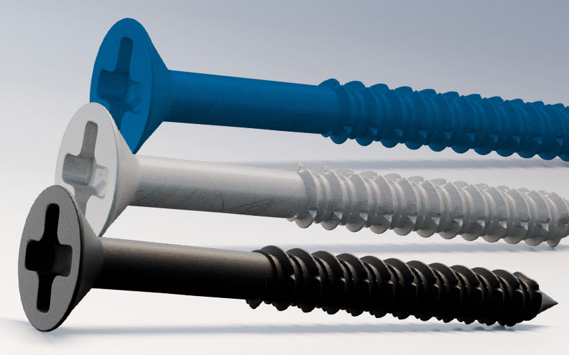 Three Concrete Screws with blue, gray, and black heads on a light gray background