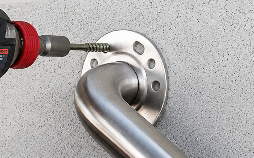 A close-up of a brushed stainless steel handrail mounted on a concrete wall, with a drill screwdriver securing the metal wall plate.