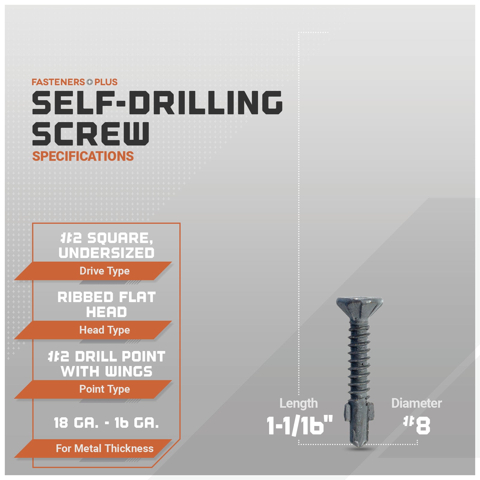 Self-drilling screws with specifications on a gray background