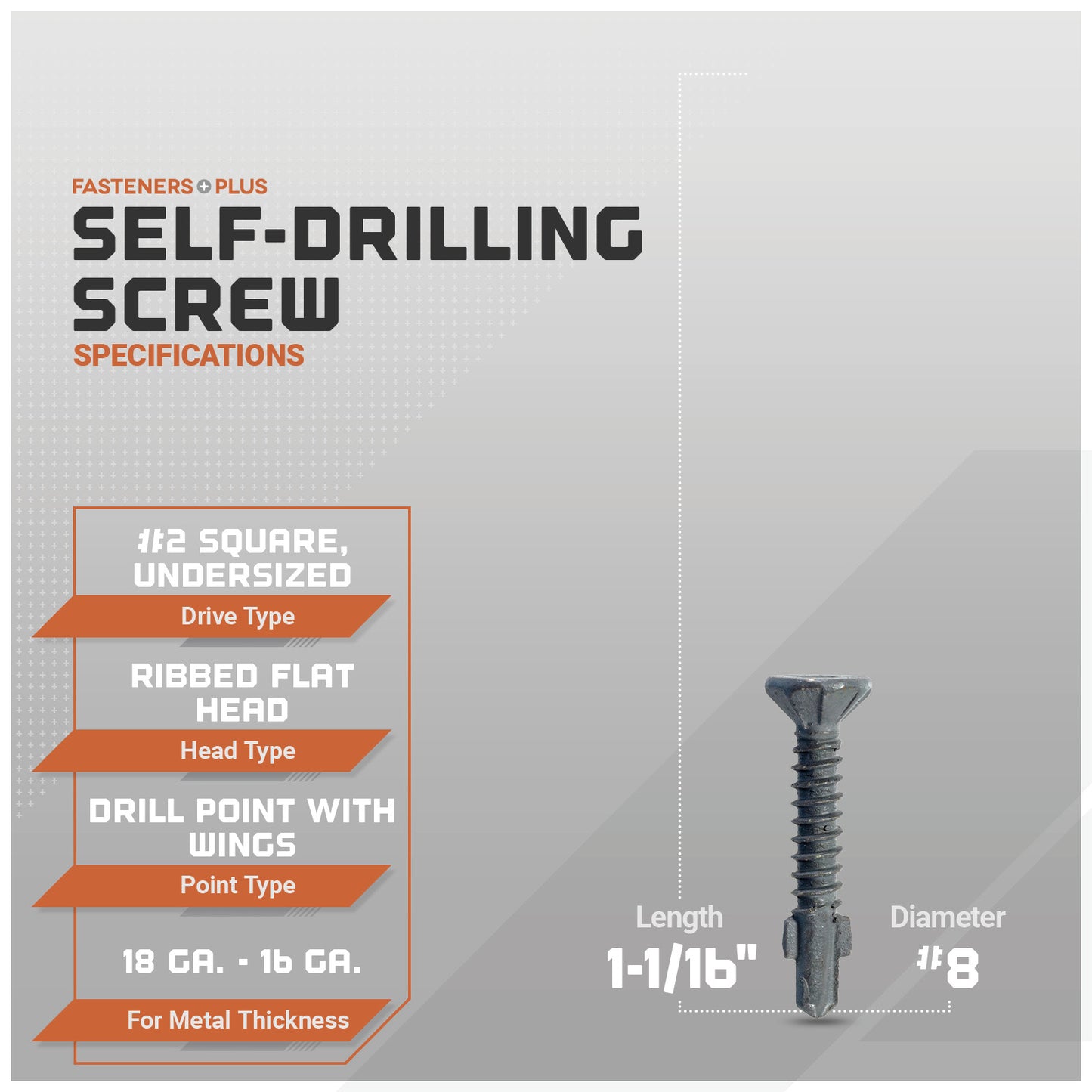 self-drilling screws with specifications on a gray background