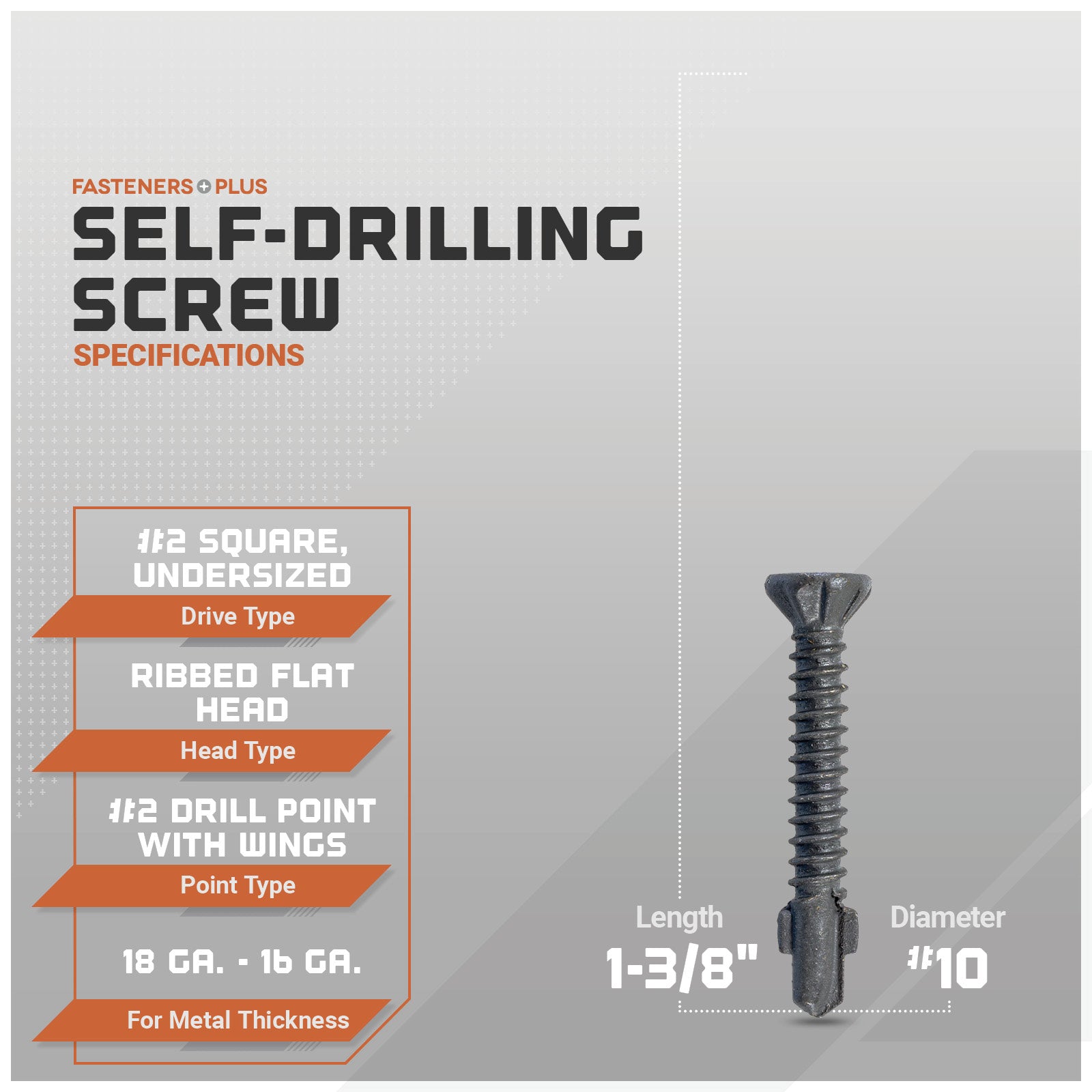 Self-drilling screw with specifications on a gray background