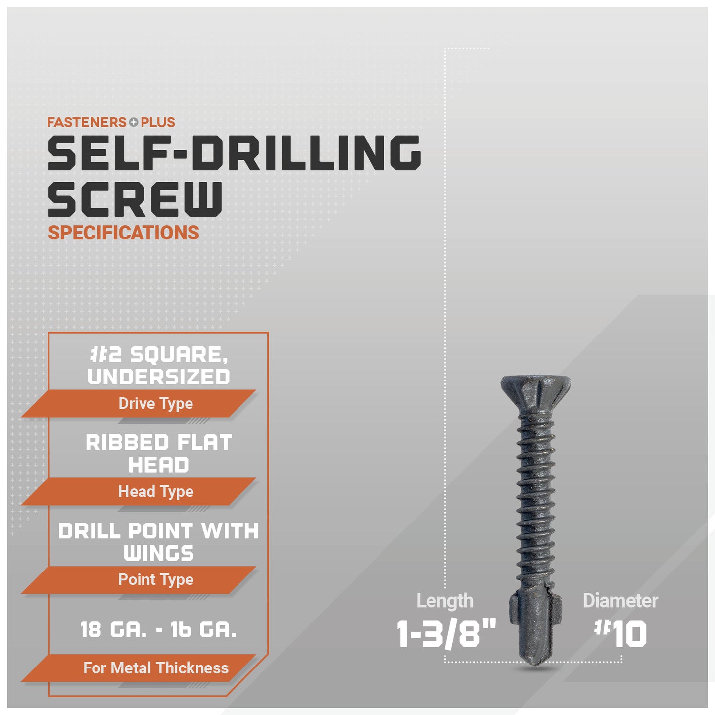 Self-drilling screw with specifications on a gray background