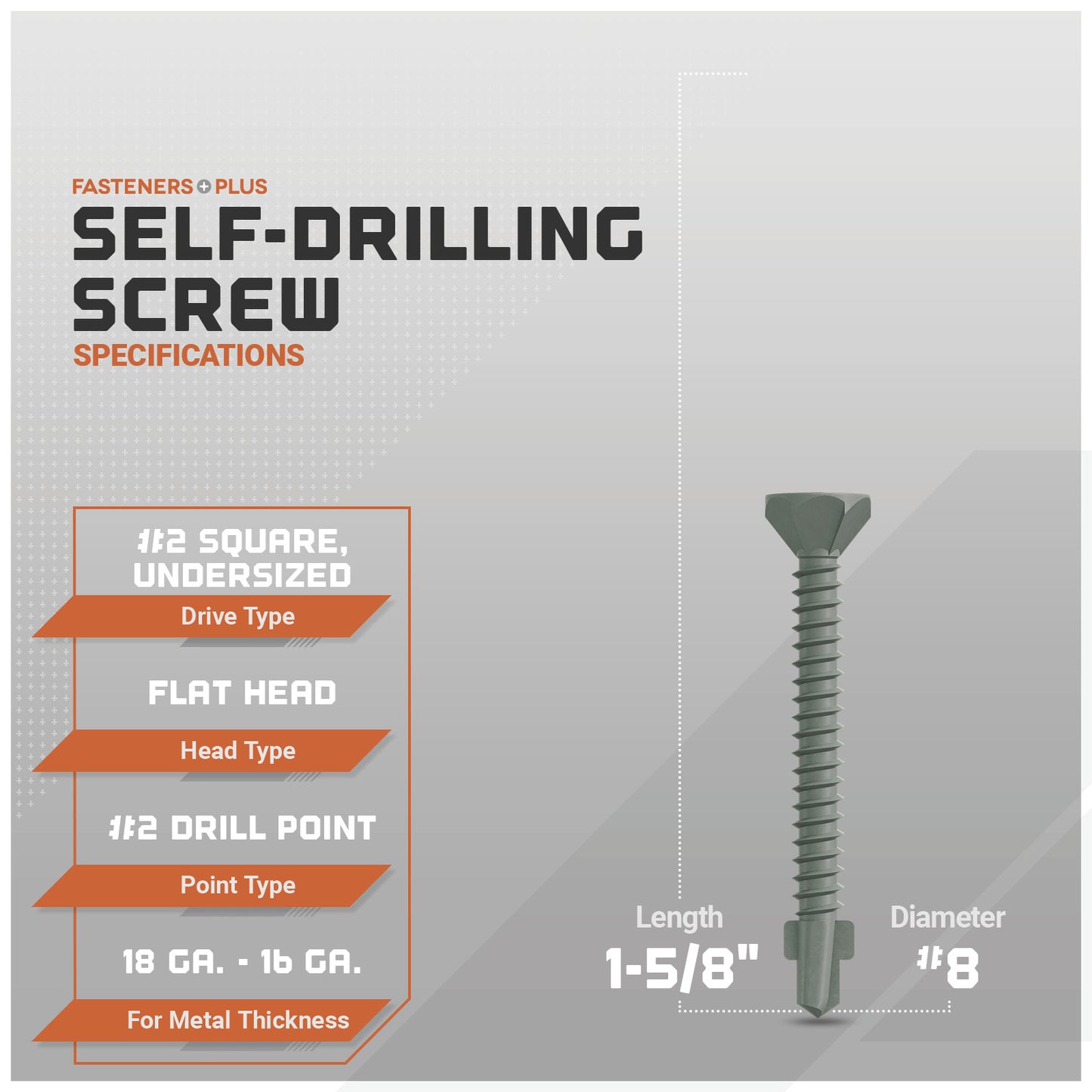 Self-drilling screws with specifications on a gray background
