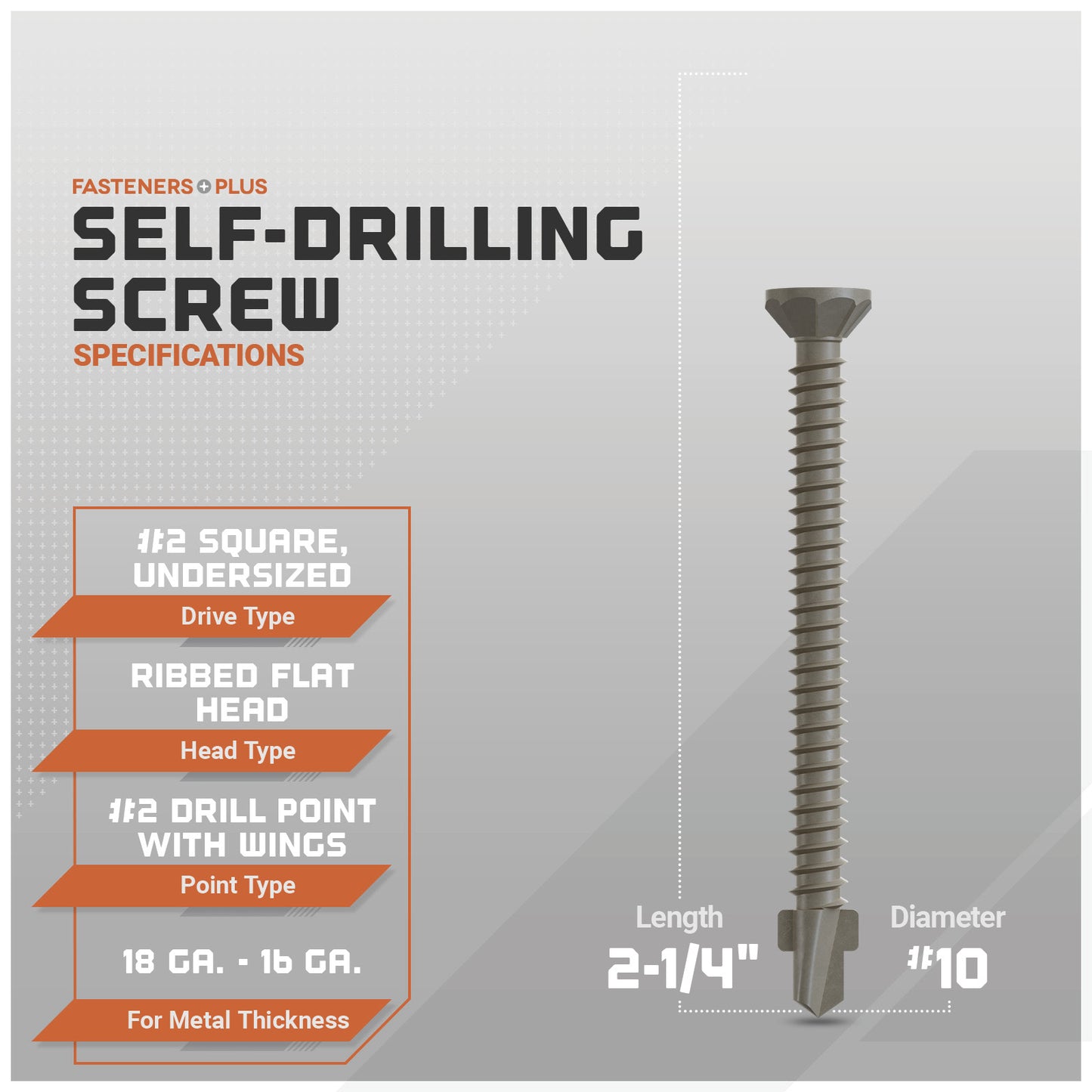 Self-drilling screw with specifications on a gray background