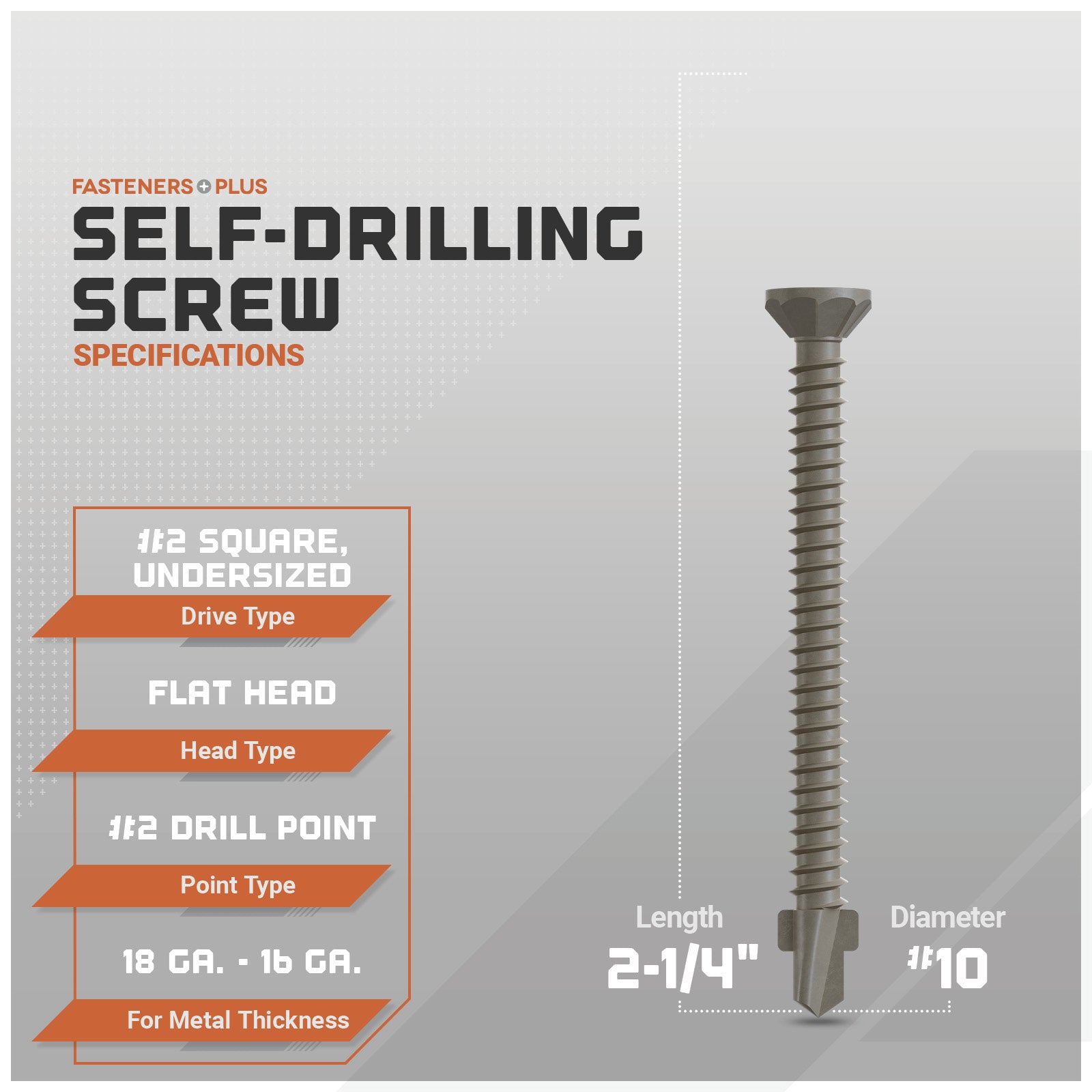 Self-drilling screw with specifications on a gray background