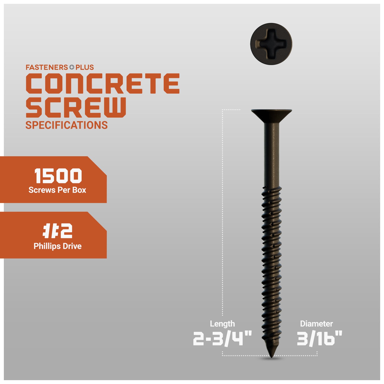 3/16" x 2-3/4" Concrete Screw, Phillips Flat Head - Bronze Dagger-Guard Coating- Single Dimensions
