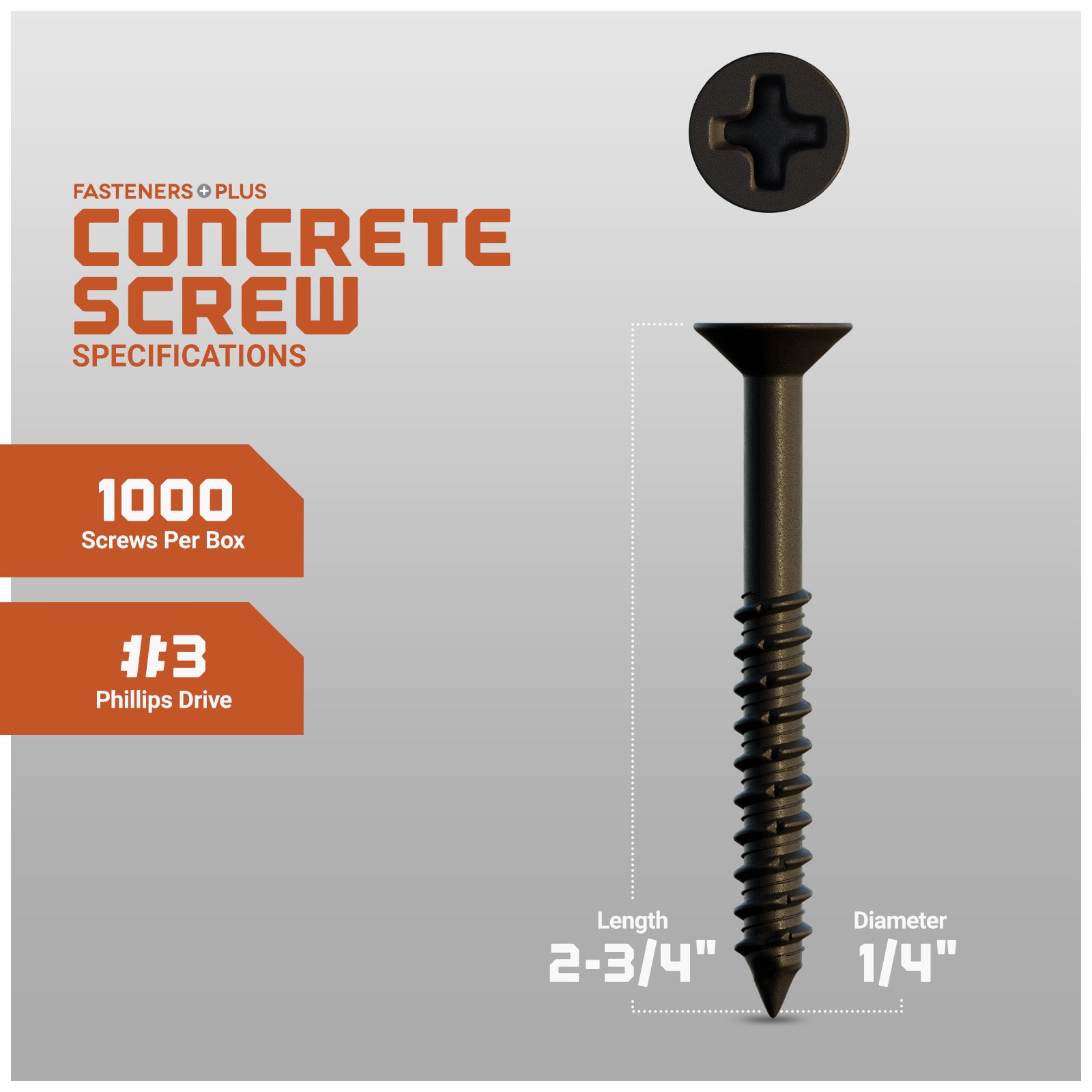1/4" x 2-3/4" Concrete Screw, Phillips Trim Head- Bronze Dagger-Guard Coating - Single Dimensions