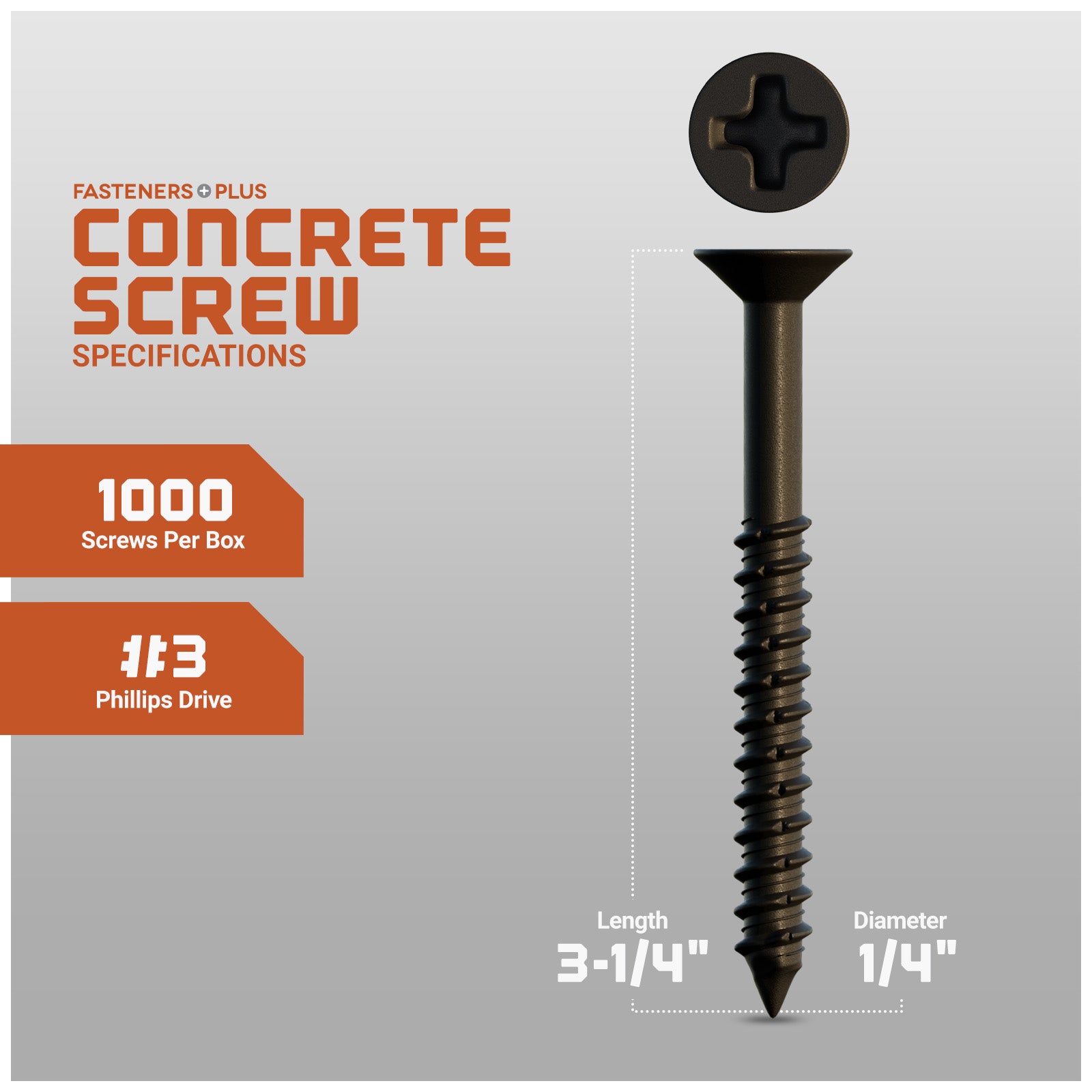 1/4" x 3-1/4" Concrete Screw, Phillips Trim Head - Bronze Dagger-Guard Coating - Single Dimensions