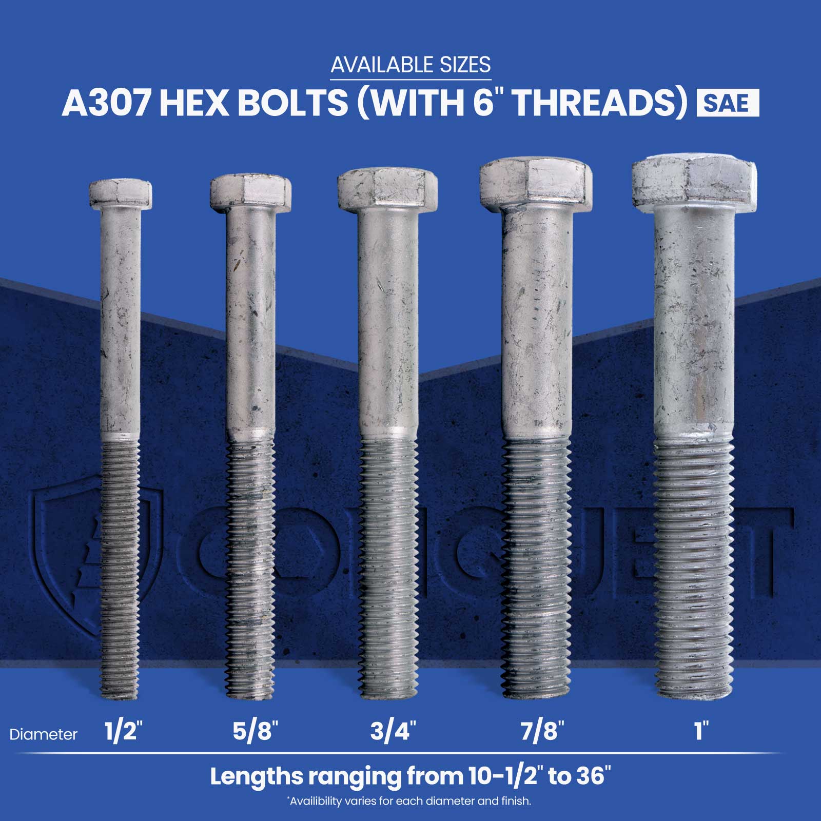Hex Bolt A307 with 6" Threads Available Sizes