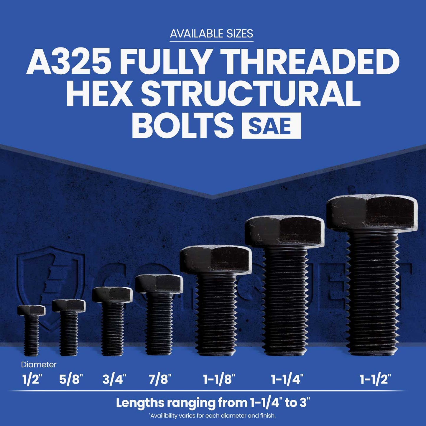 1/2"-13 x 2" Conquest A325 Type 1 Fully Threaded Heavy Hex Structural Bolt, Plain