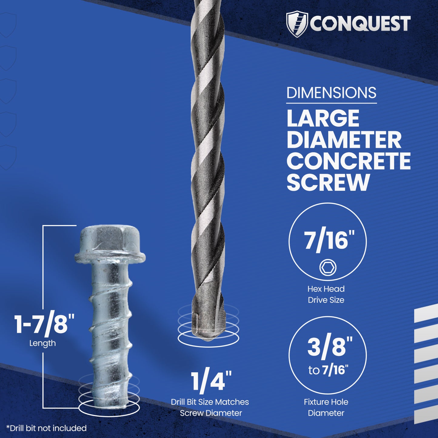 1/4" x 1-7/8" Conquest Large Diameter Concrete Screws - Zinc, Pkg 100