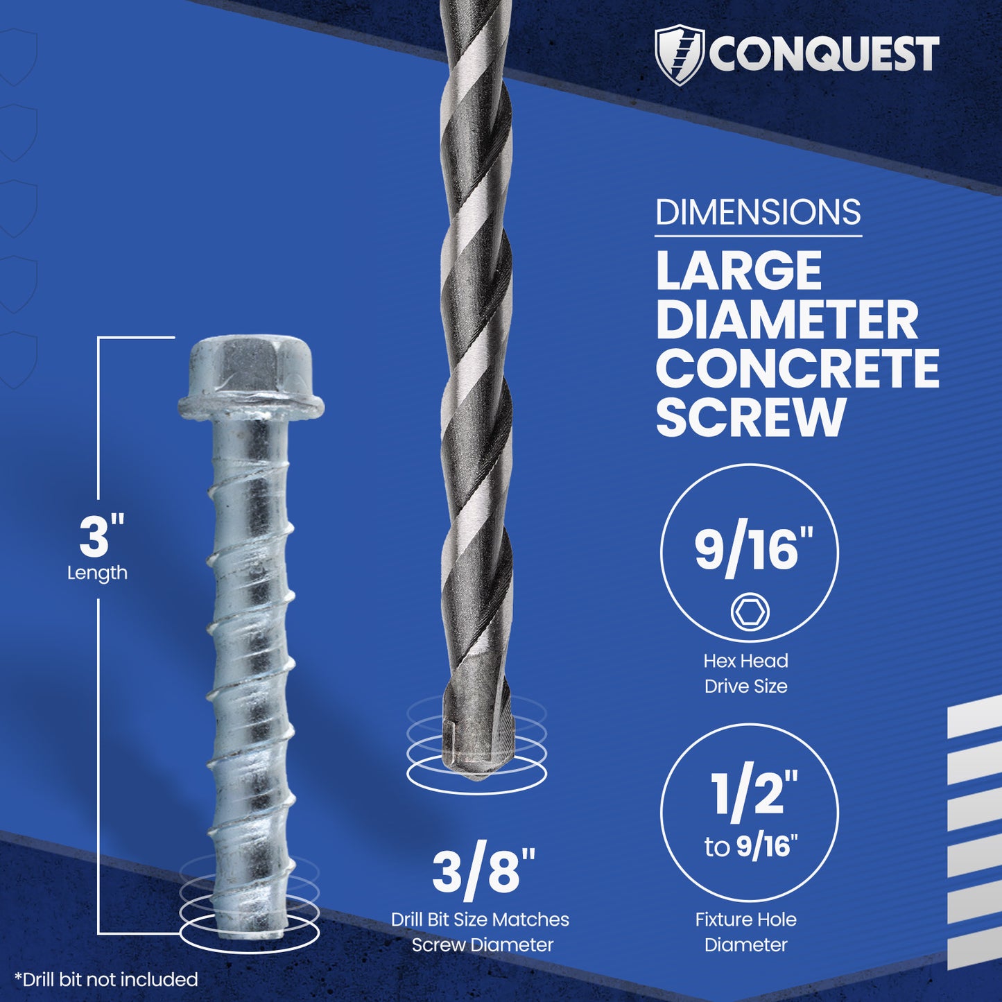 3/8" x 3" Conquest Large Diameter Concrete Screws - Zinc, Pkg 50