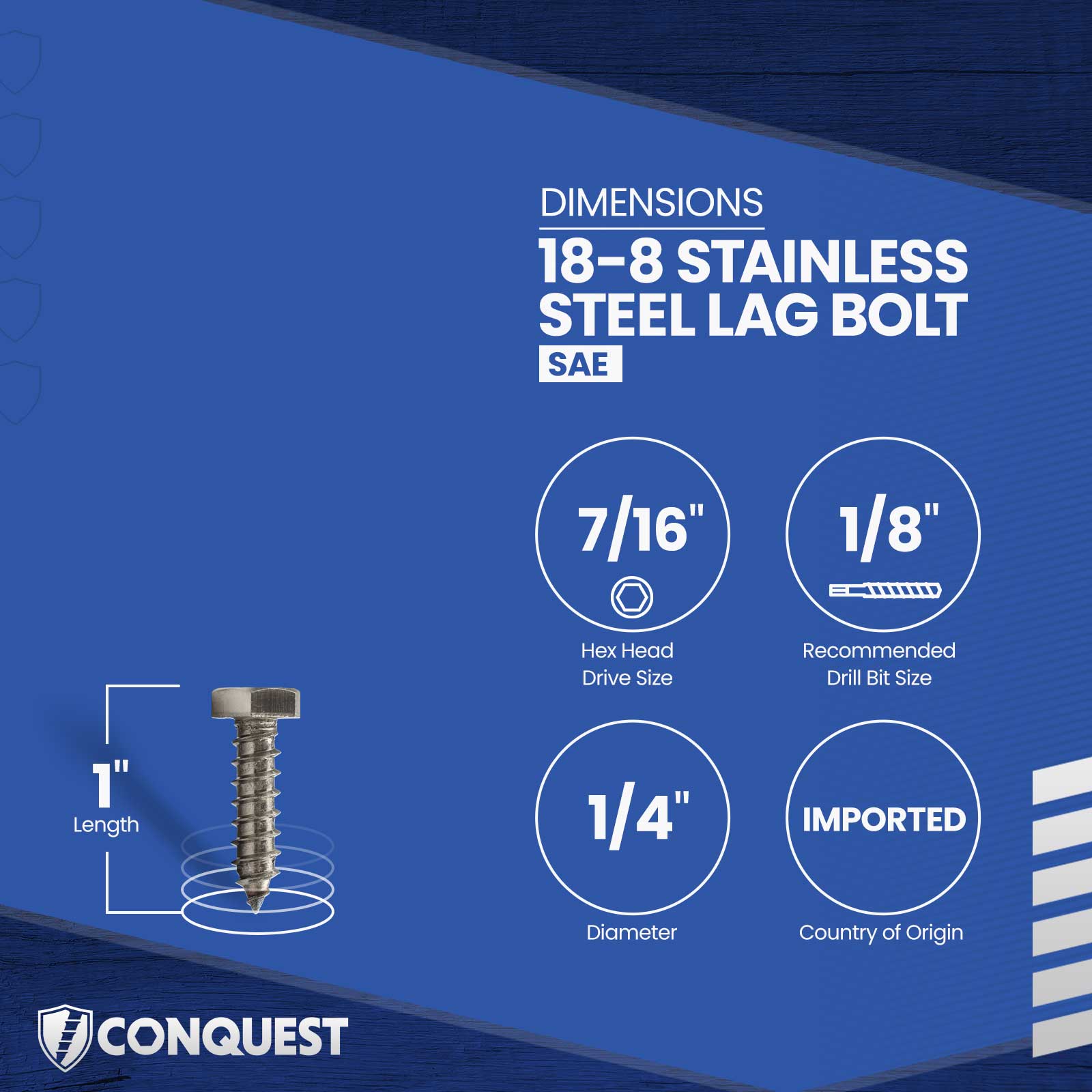 1/4"-10 x 1" Conquest Hex Head Lag Bolt for Wood - 18-8 Stainless Steel