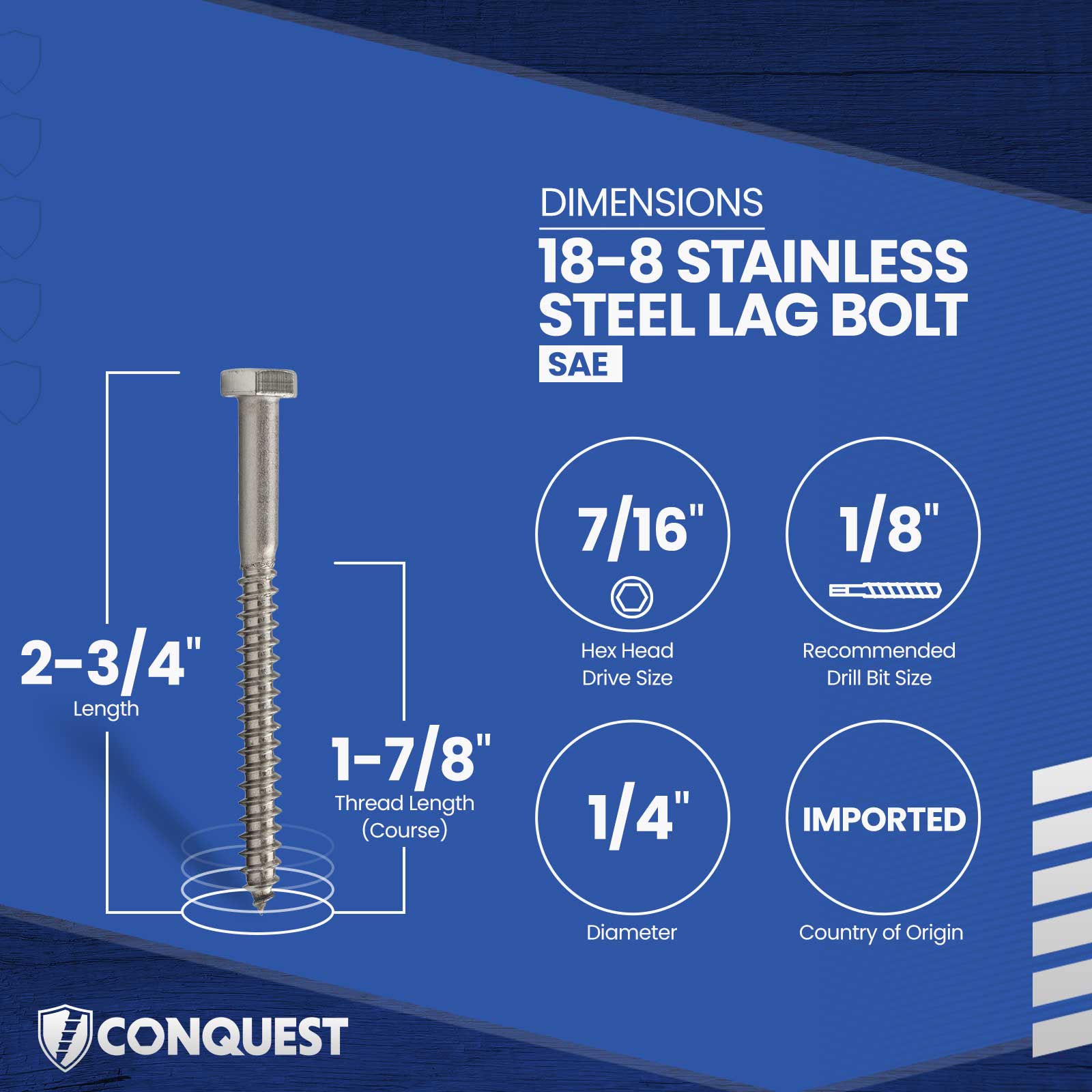 1/4"-10 x 2-3/4" Conquest Hex Head Lag Bolt for Wood - 18-8 Stainless Steel