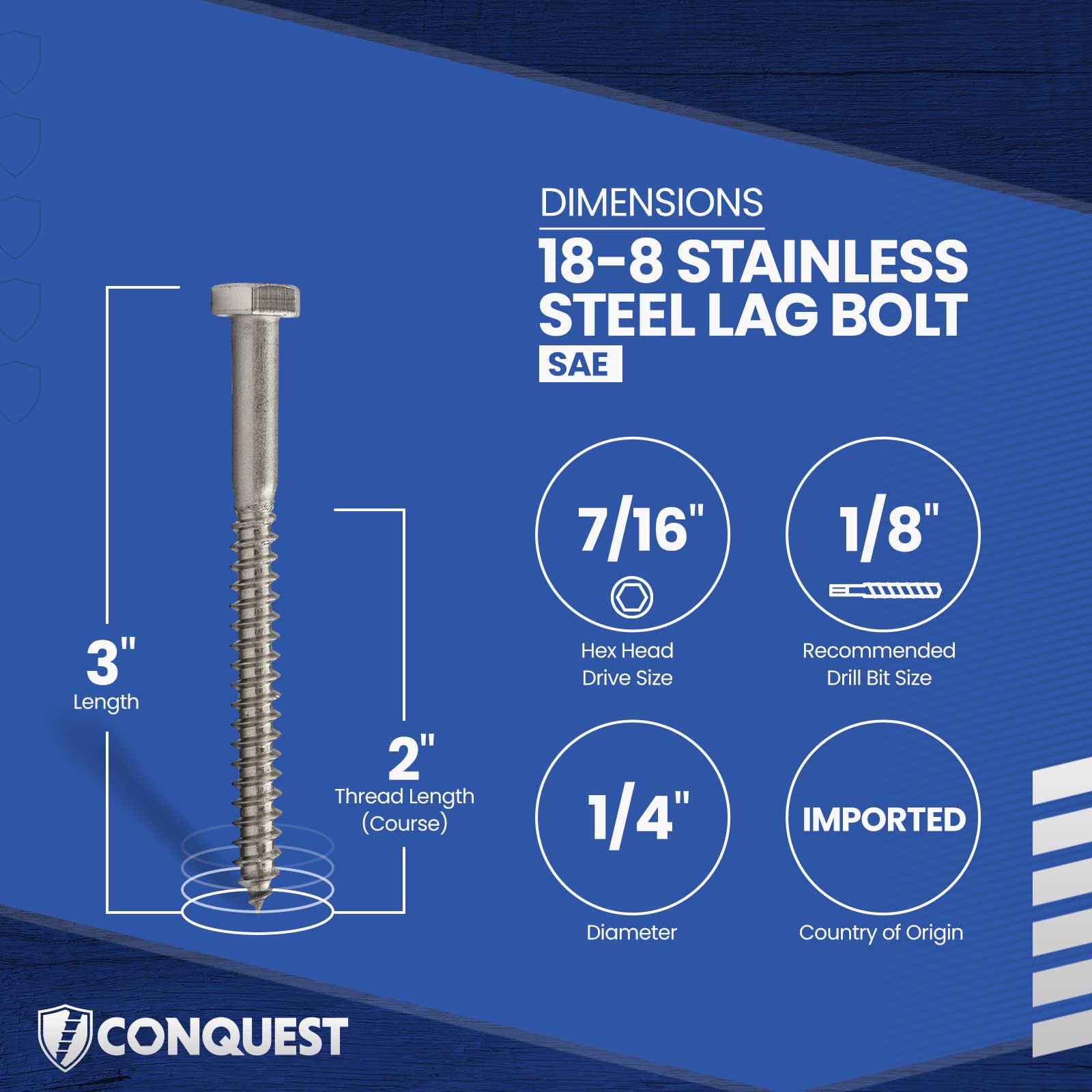 1/4"-10 x 3" Conquest Hex Head Lag Bolt for Wood - 18-8 Stainless Steel