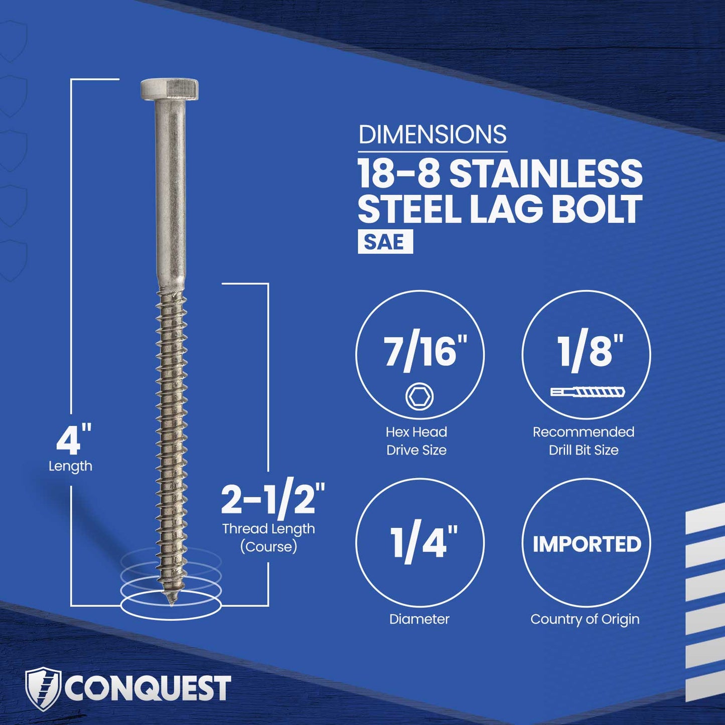 1/4"-10 x 4" Conquest Hex Head Lag Bolt for Wood - 18-8 Stainless Steel