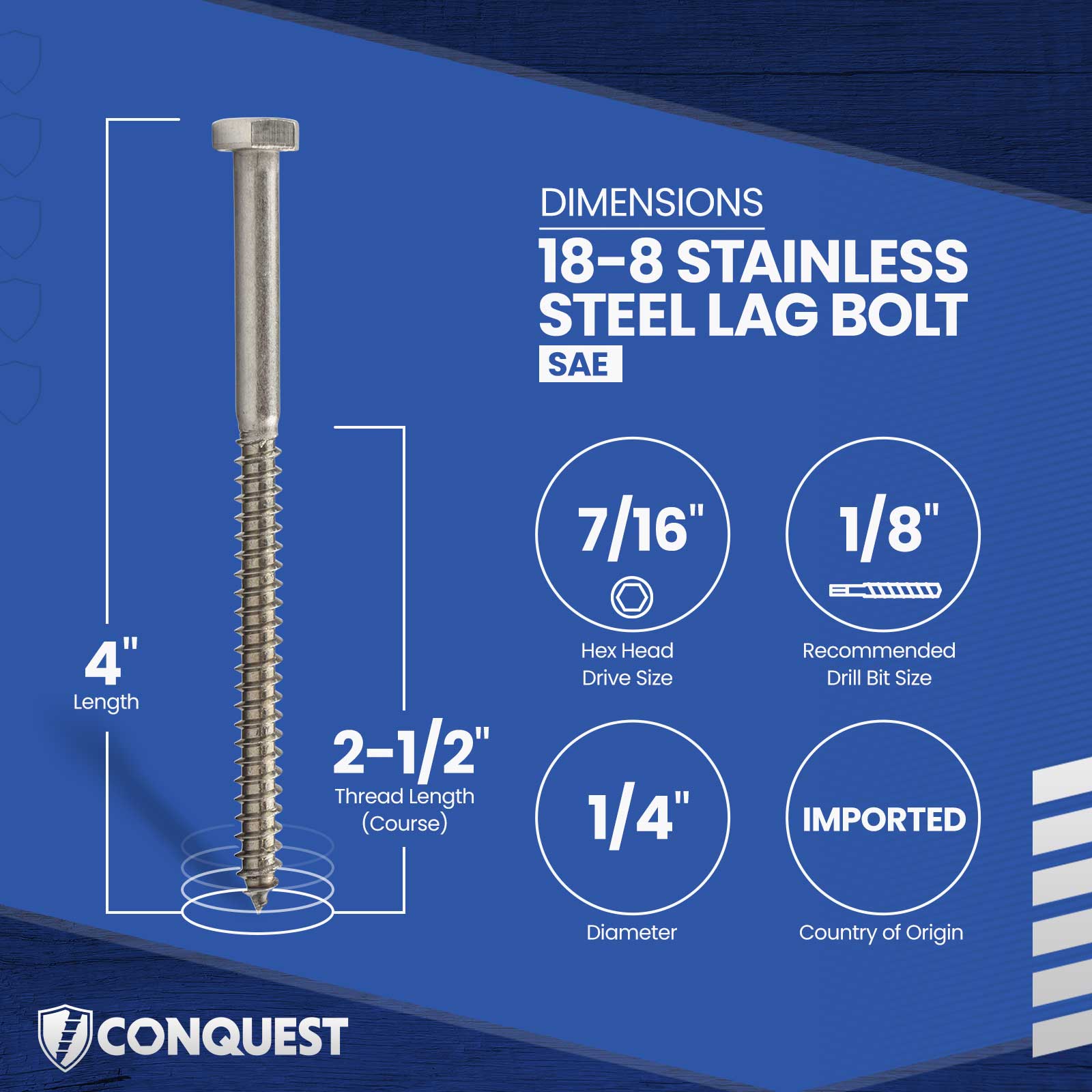 1/4"-10 x 4" Conquest Hex Head Lag Bolt for Wood - 18-8 Stainless Steel