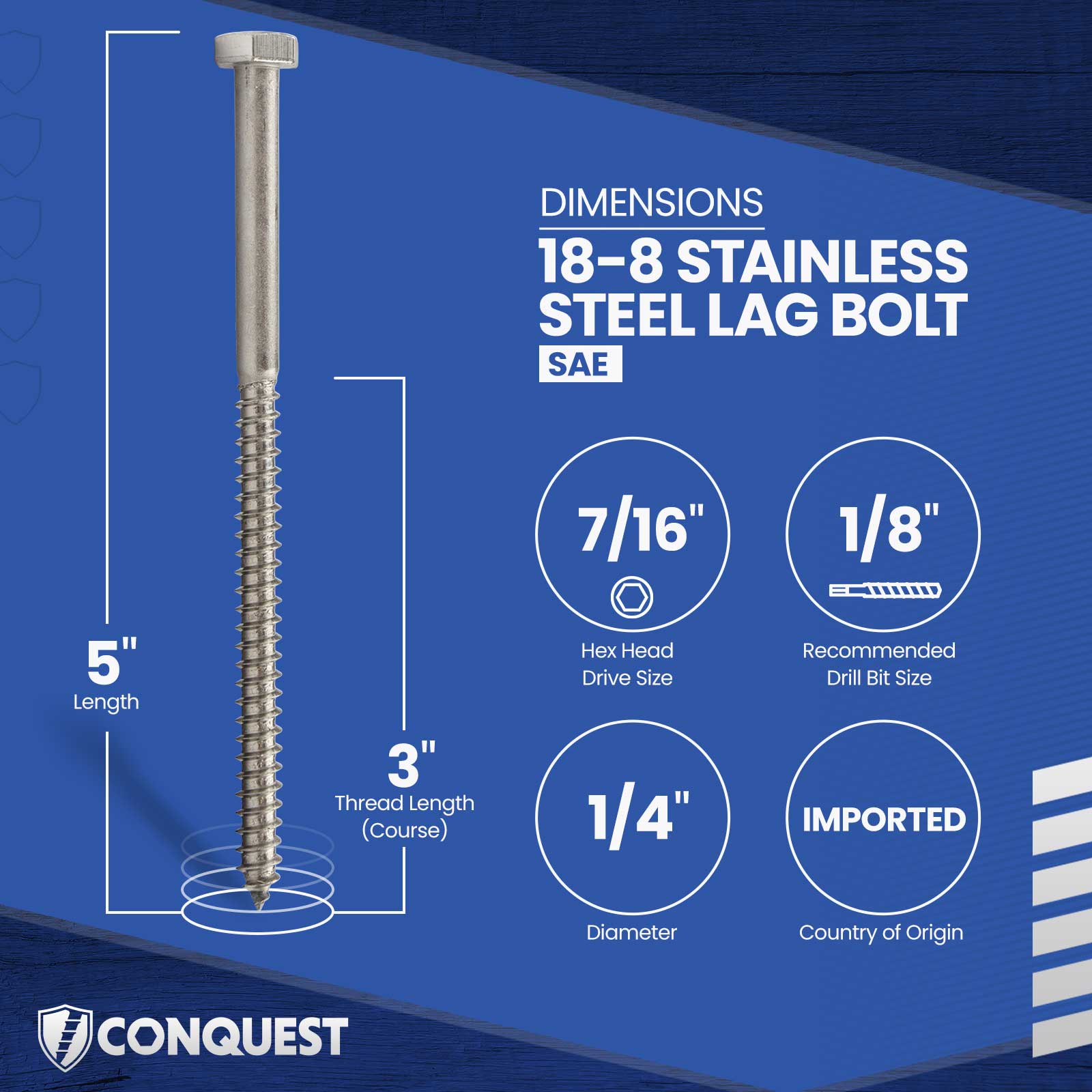 1/4"-10 x 5" Conquest Hex Head Lag Bolt for Wood - 18-8 Stainless Steel