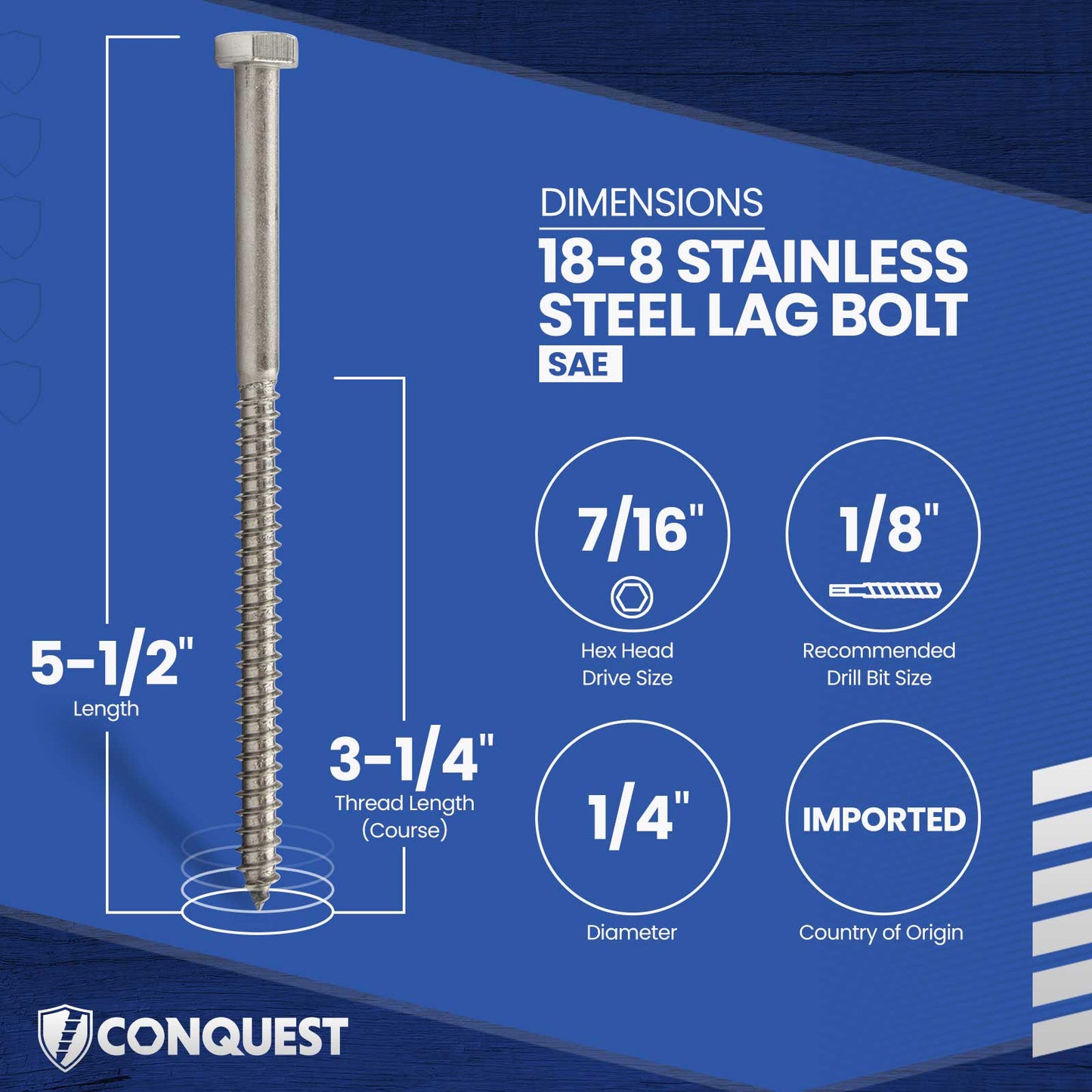 1/4"-10 x 5-1/2" Conquest Hex Head Lag Bolt for Wood - 18-8 Stainless Steel