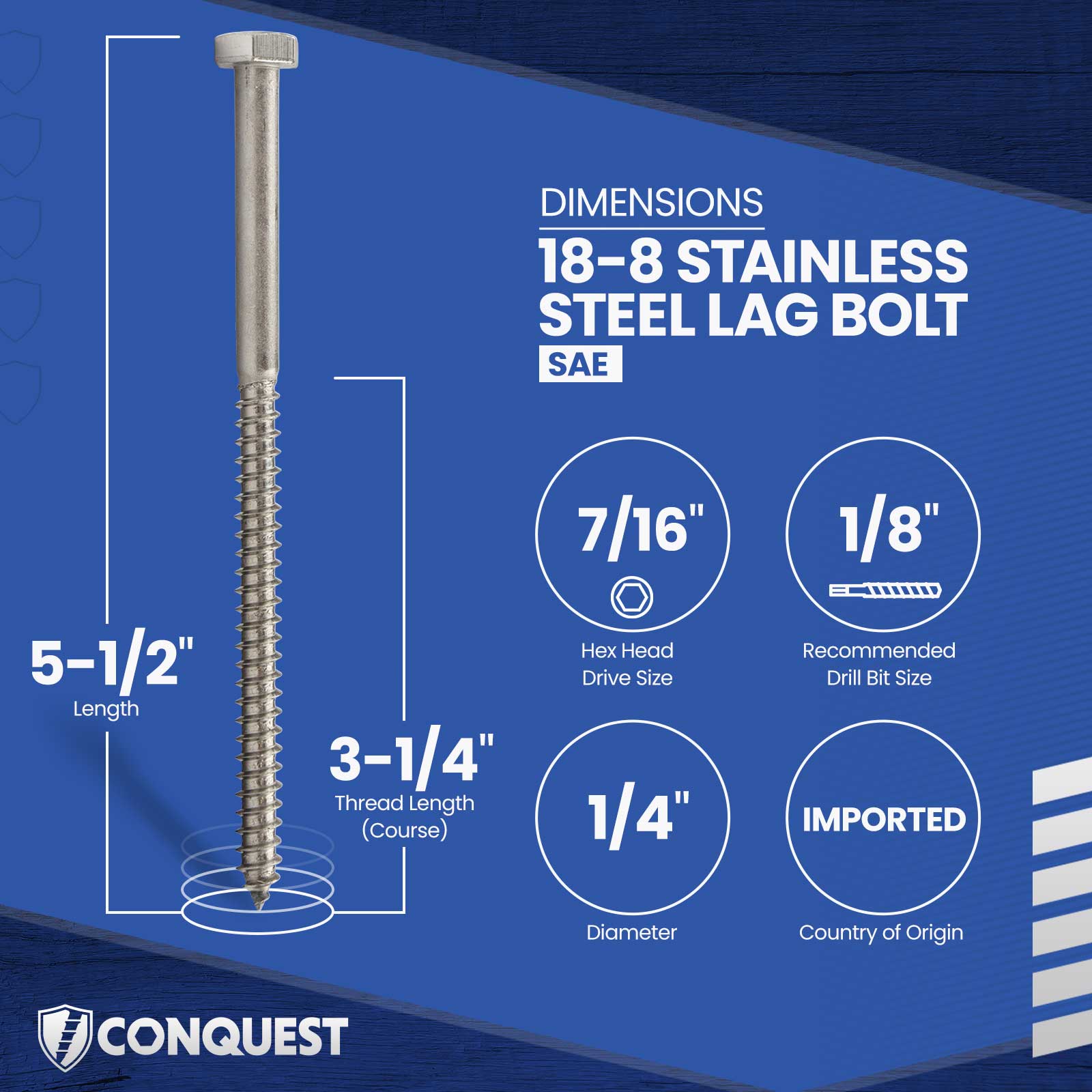 1/4"-10 x 5-1/2" Conquest Hex Head Lag Bolt for Wood - 18-8 Stainless Steel