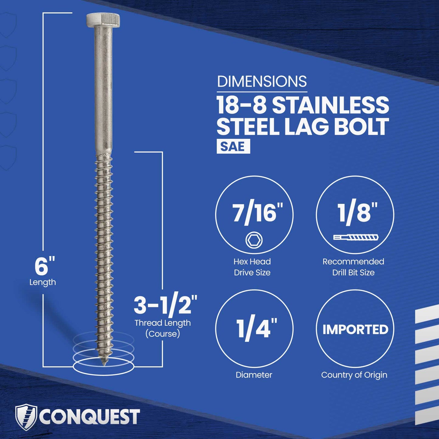 1/4"-10 x 6" Conquest Hex Head Lag Bolt for Wood - 18-8 Stainless Steel