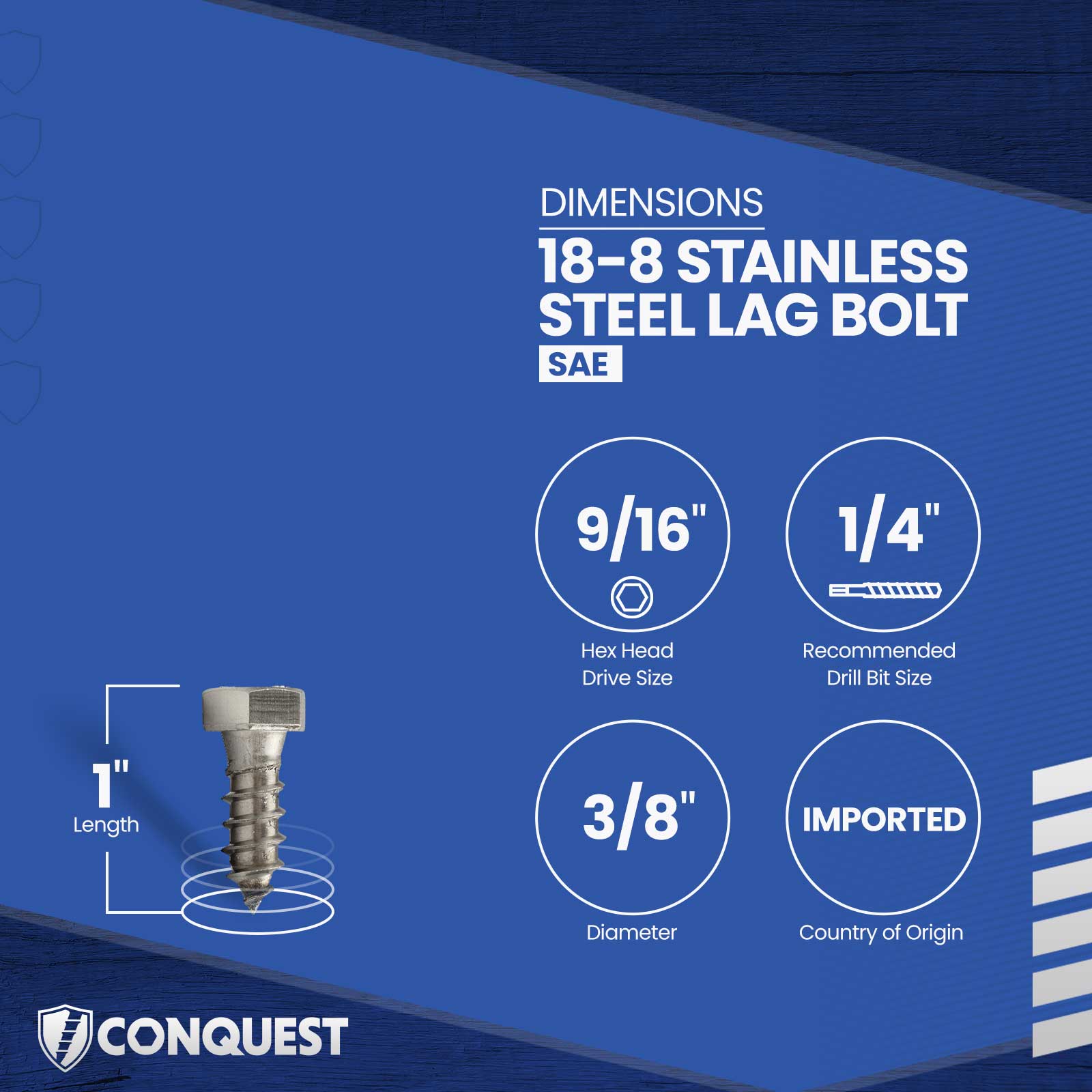 3/8"-7 x 1" Conquest Hex Head Lag Bolt for Wood - 18-8 Stainless Steel