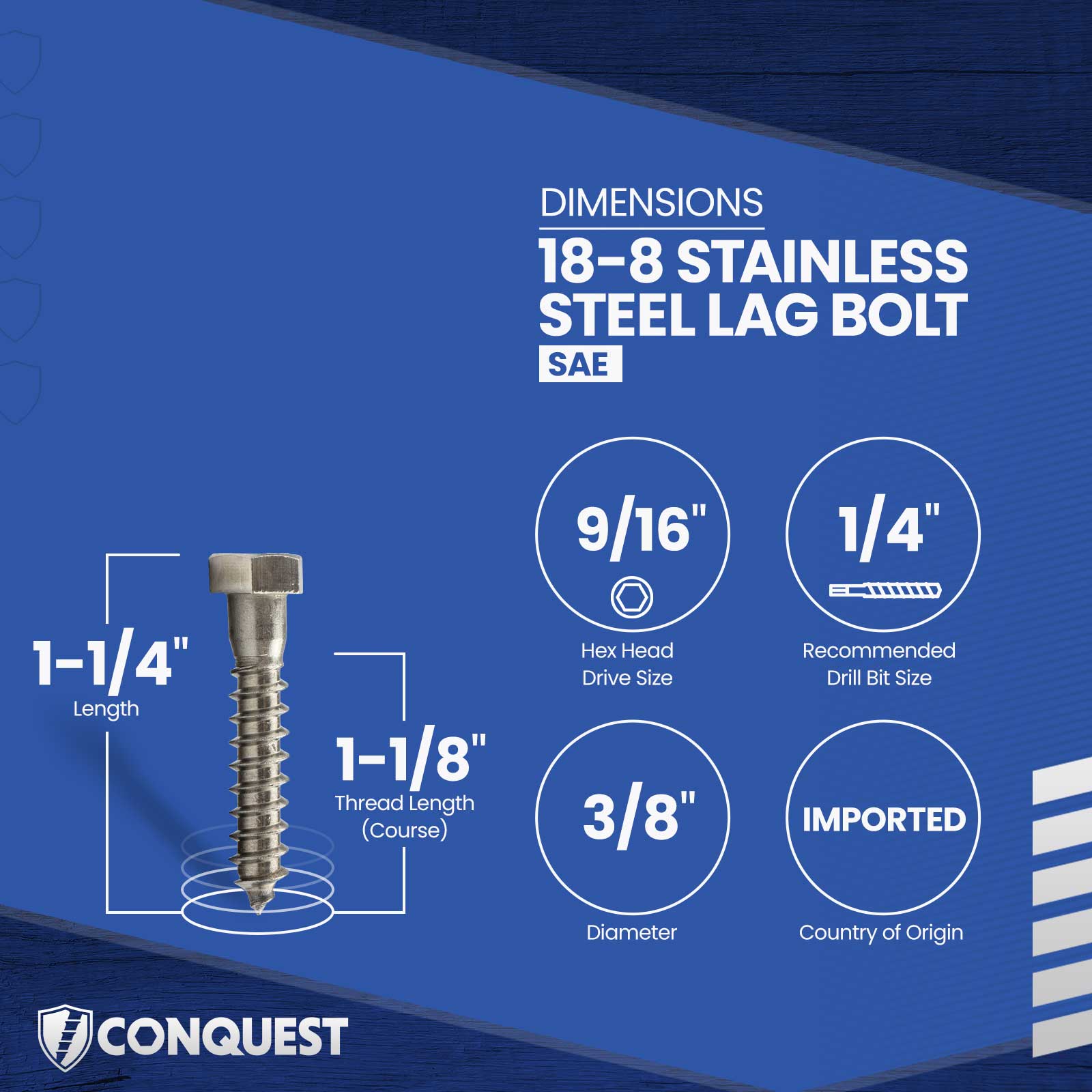 3/8"-7 x 1-1/4" Conquest Hex Head Lag Bolt for Wood - 18-8 Stainless Steel
