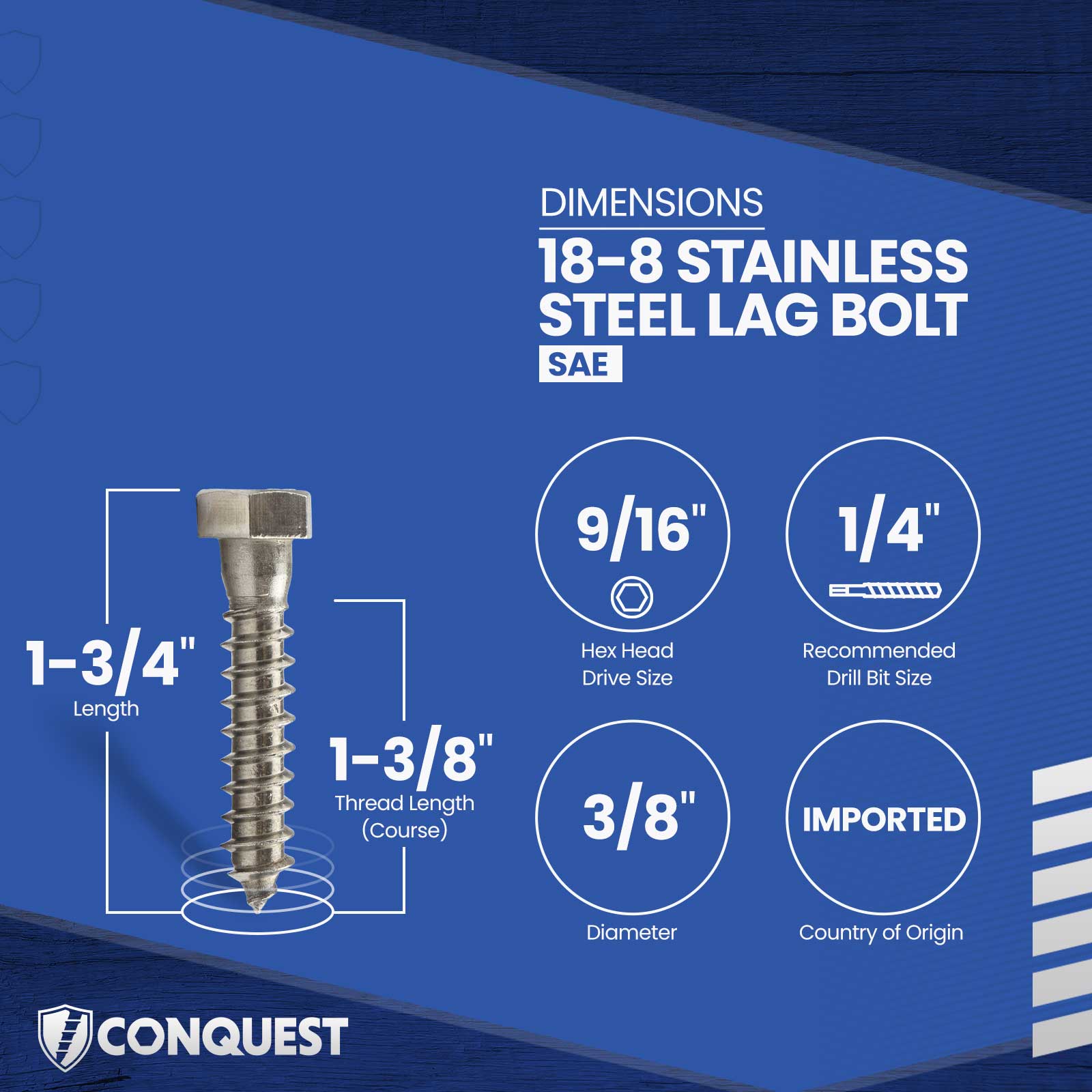 3/8"-7 x 1-3/4" Conquest Hex Head Lag Bolt for Wood - 18-8 Stainless Steel