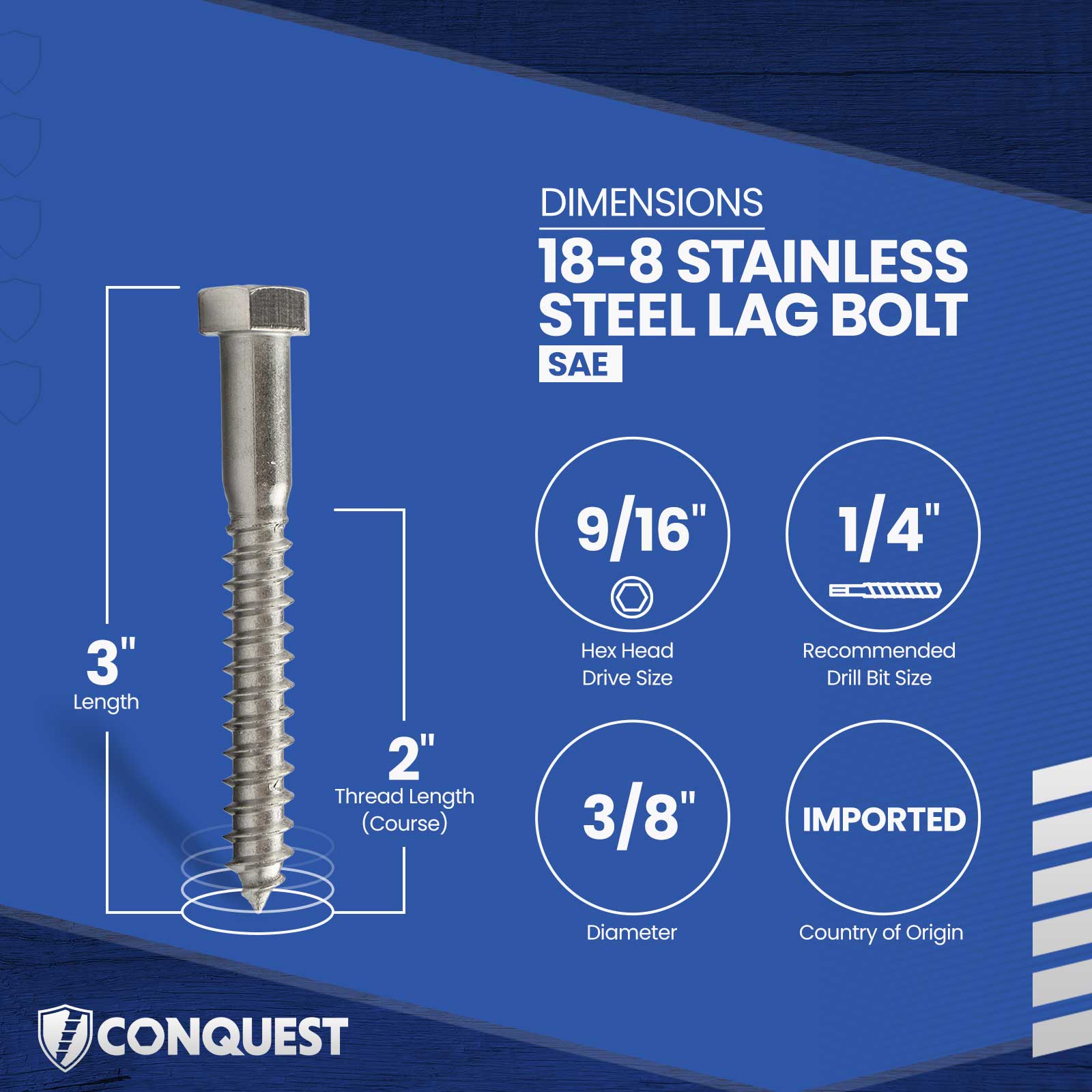3/8"-7 x 3" Conquest Hex Head Lag Bolt for Wood - 18-8 Stainless Steel