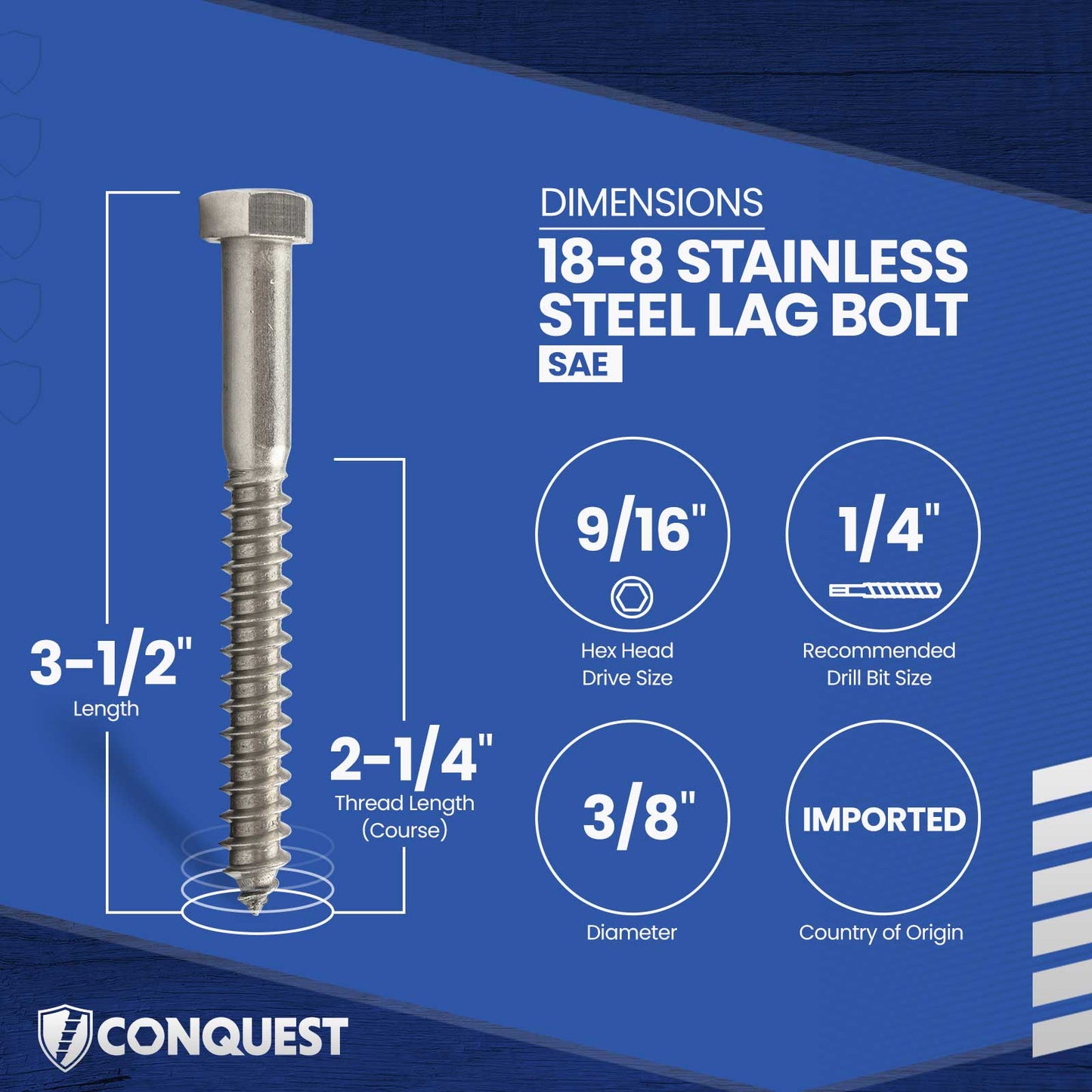 3/8"-7 x 3-1/2" Conquest Hex Head Lag Bolt for Wood - 18-8 Stainless Steel