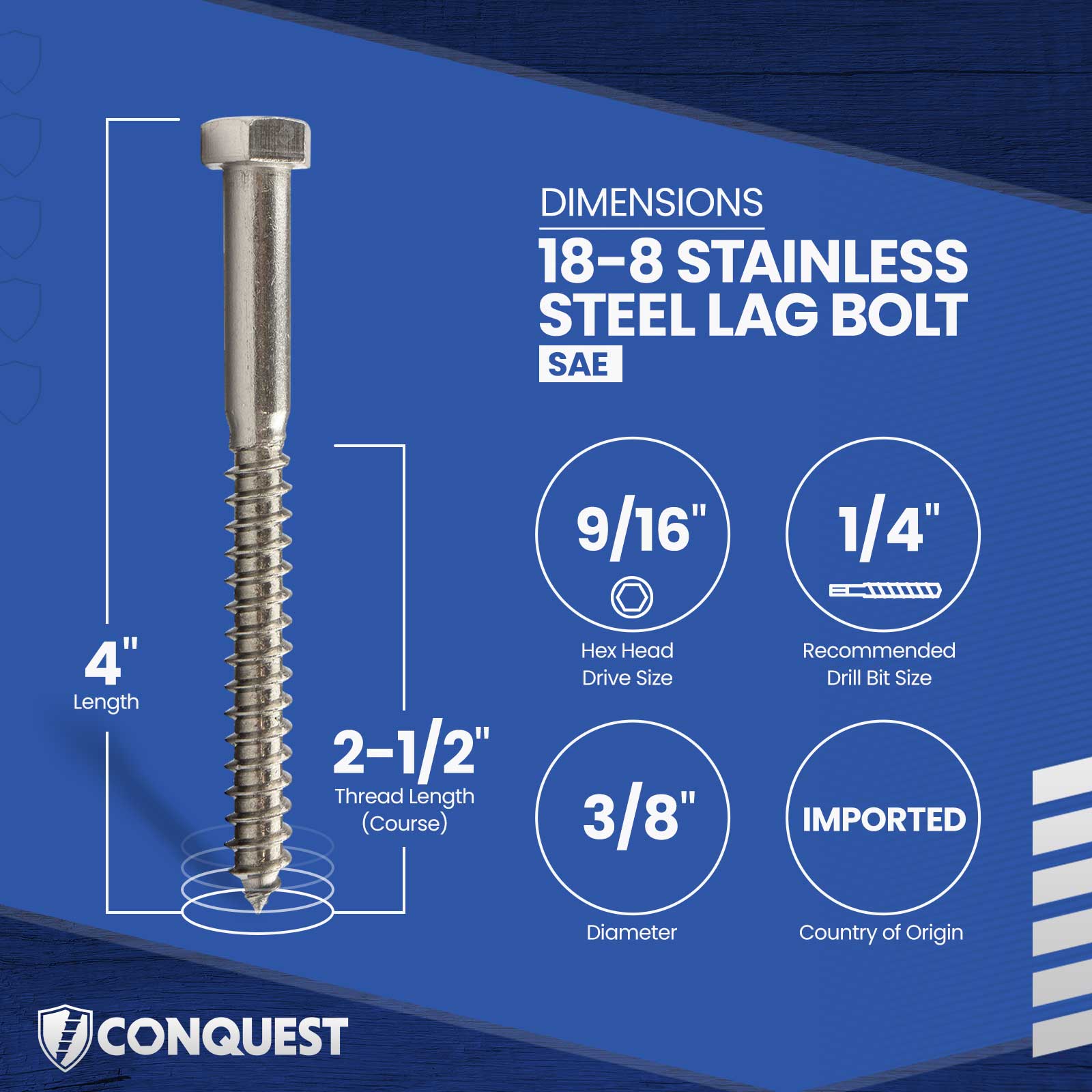 3/8"-7 x 4" Conquest Hex Head Lag Bolt for Wood - 18-8 Stainless Steel