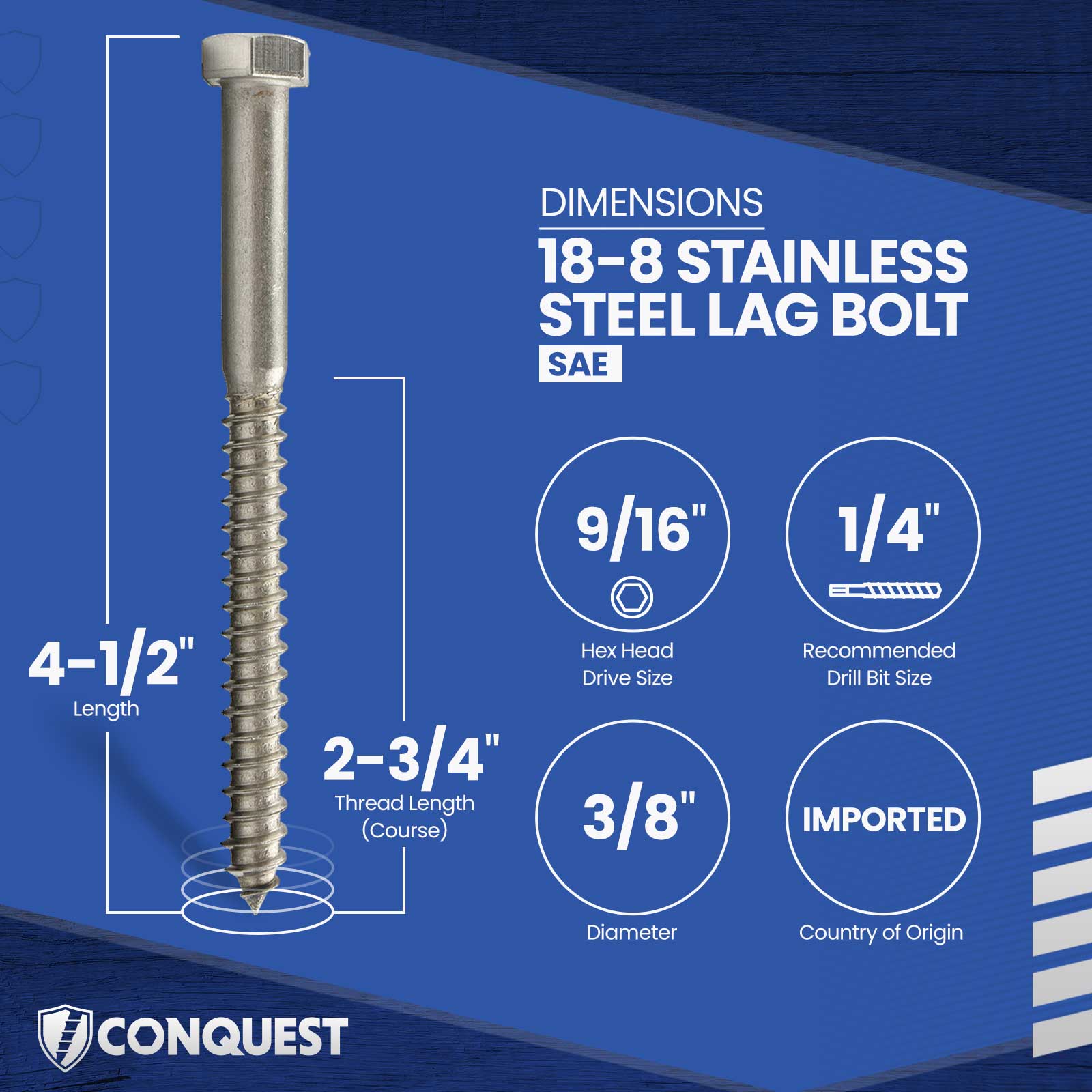 3/8"-7 x 4-1/2" Conquest Hex Head Lag Bolt for Wood - 18-8 Stainless Steel