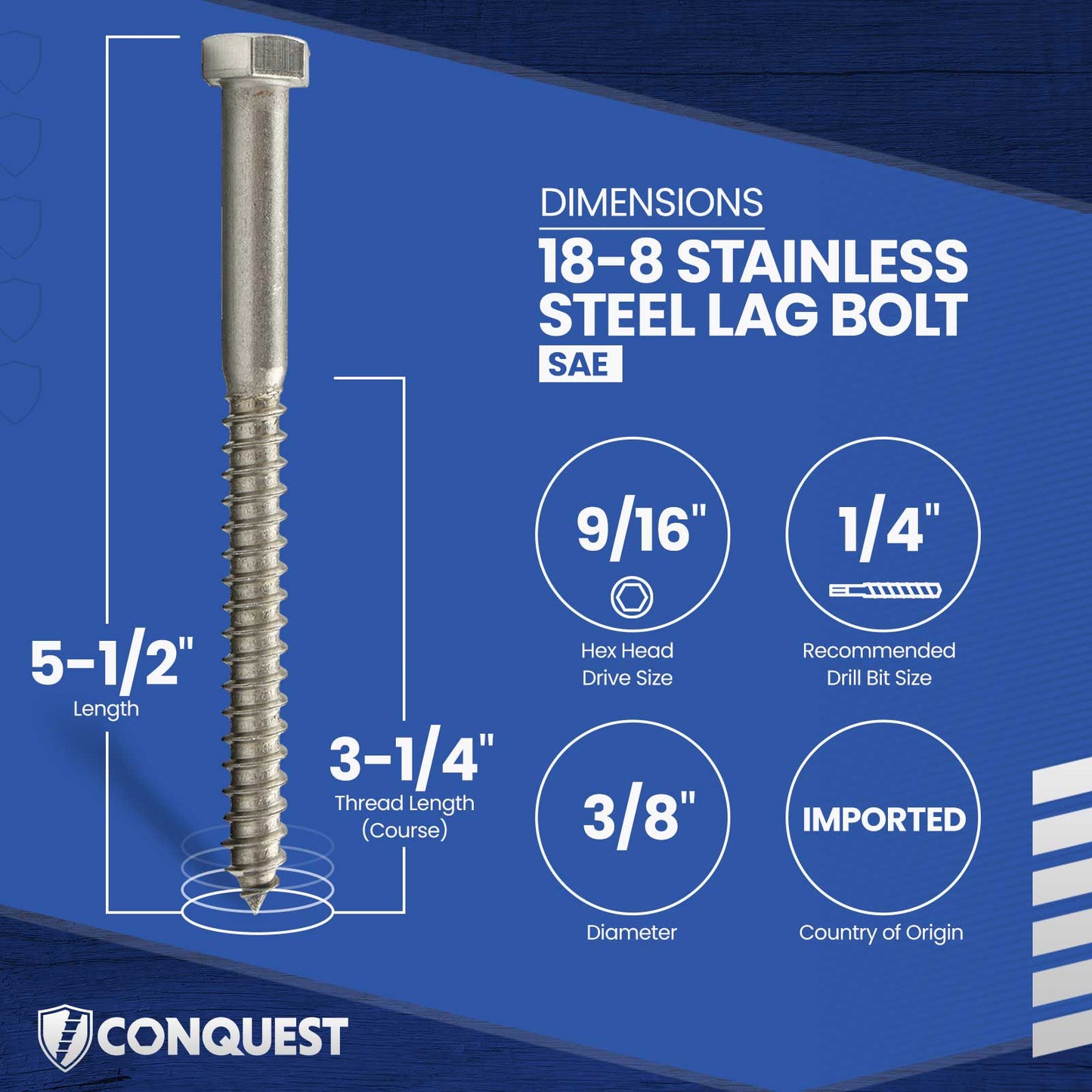 3/8"-7 x 5-1/2" Conquest Hex Head Lag Bolt for Wood - 18-8 Stainless Steel