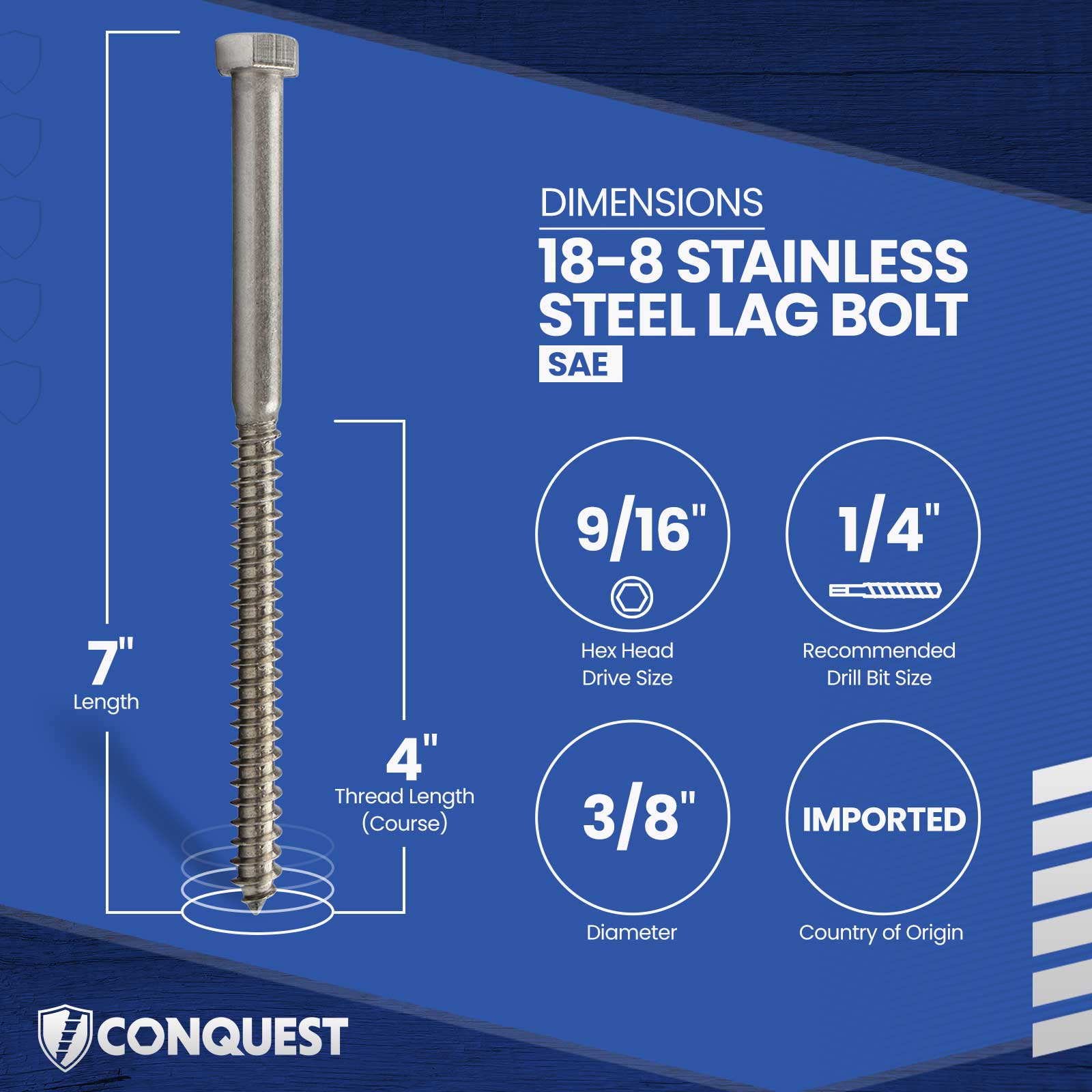 3/8"-7 x 7" Conquest Hex Head Lag Bolt for Wood - 18-8 Stainless Steel