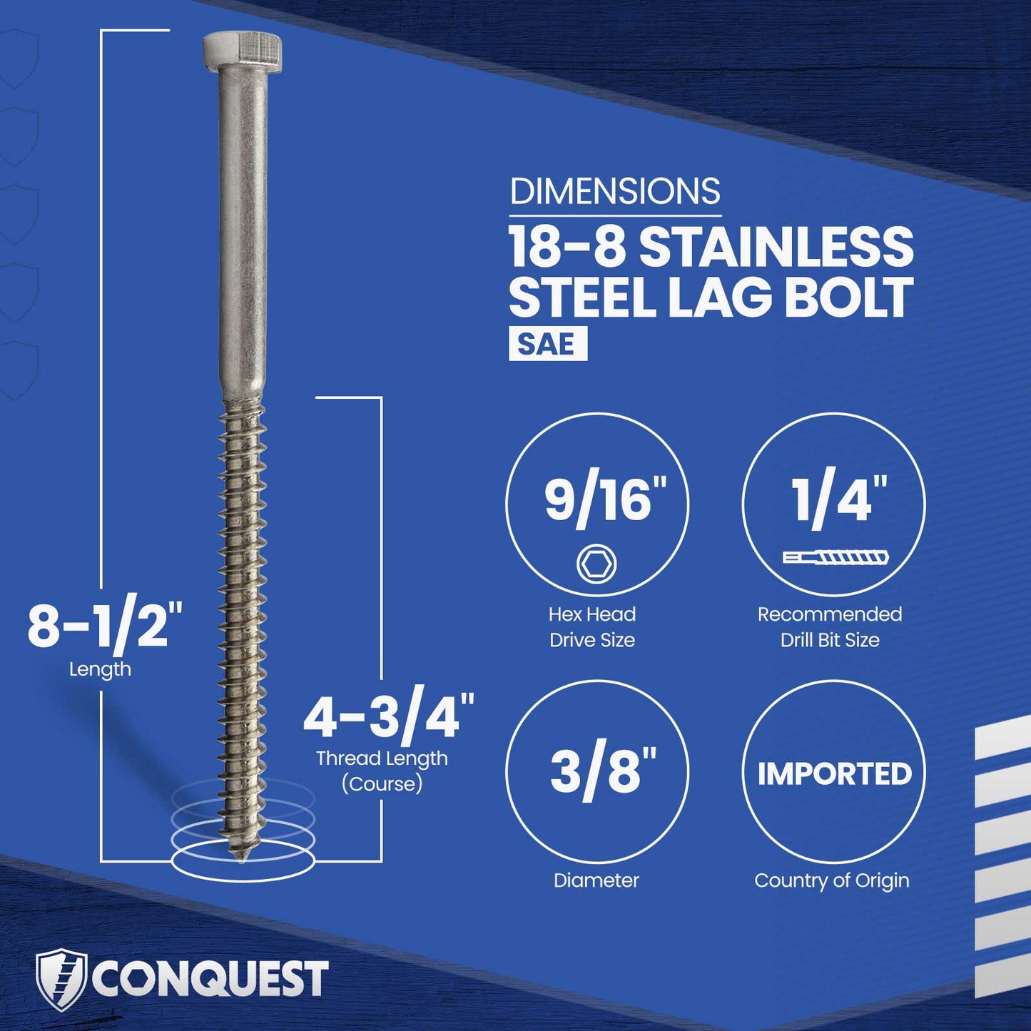 3/8"-7 x 8-1/2" Conquest Hex Head Lag Bolt for Wood - 18-8 Stainless Steel
