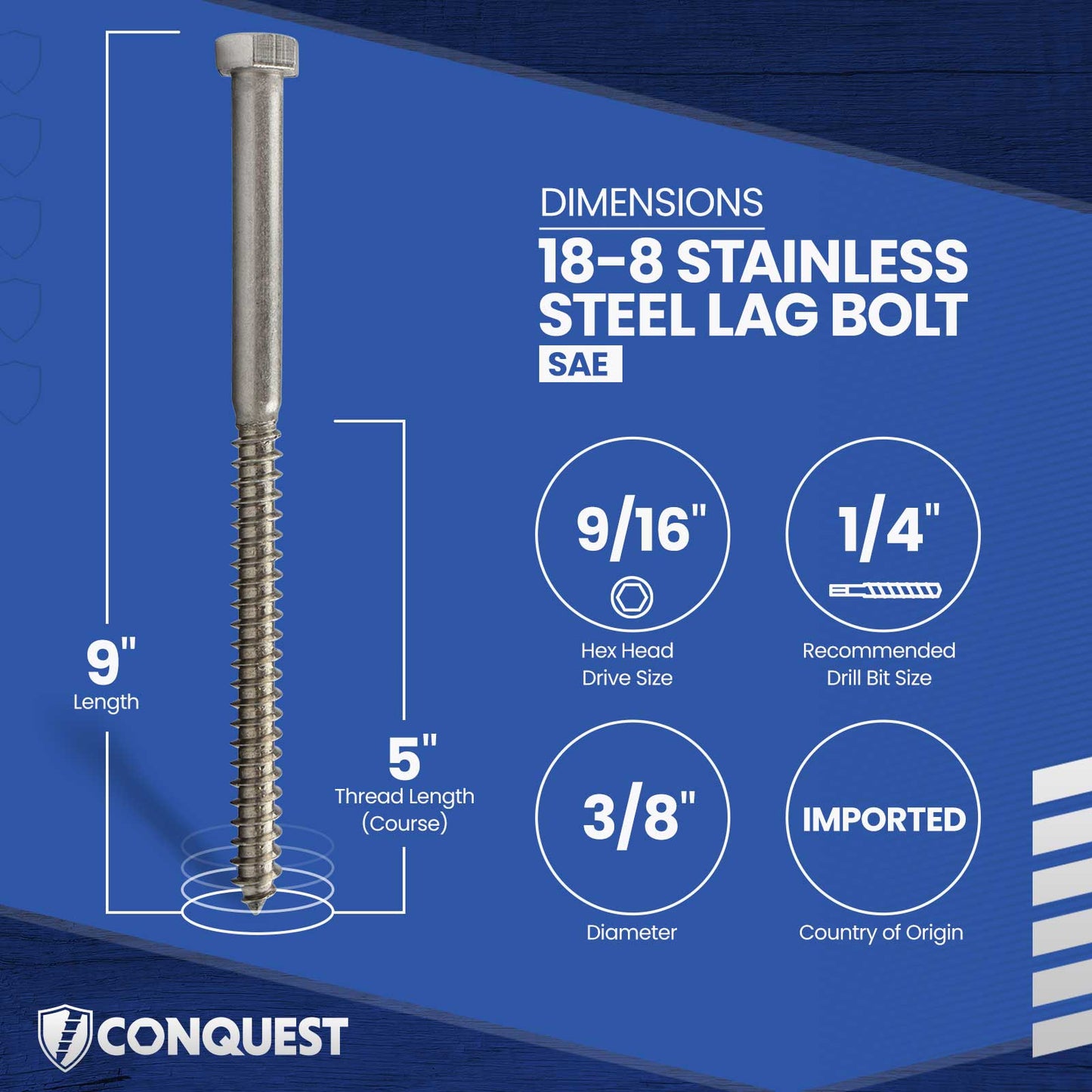 3/8"-7 x 9" Conquest Hex Head Lag Bolt for Wood - 18-8 Stainless Steel