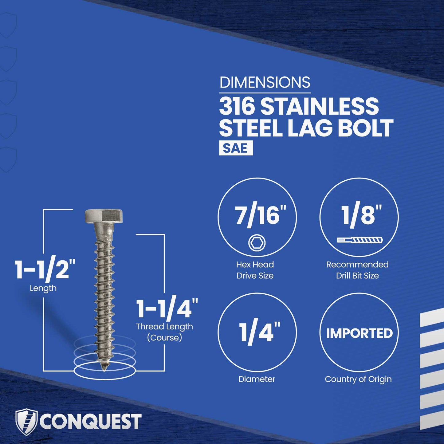 1/4"-10 x 1-1/2" Conquest Hex Head Lag Bolt for Wood - 316 Stainless Steel